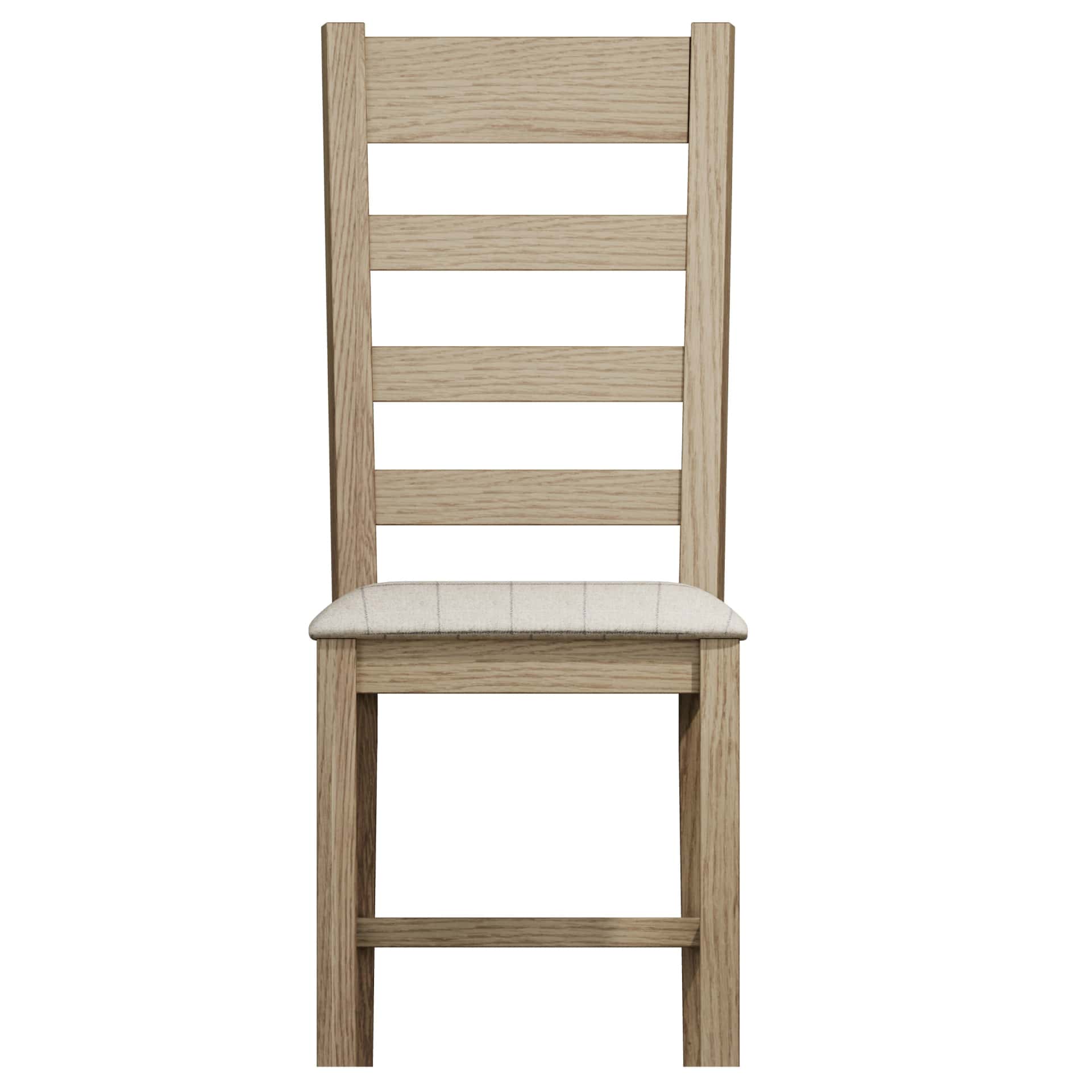 Oak slat back dining chair with beige seat - product front view