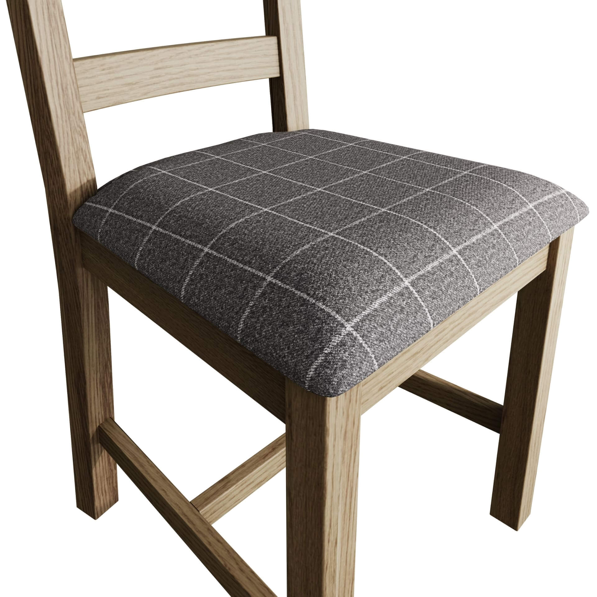 Close view on grey wool upholstered dining chair seat