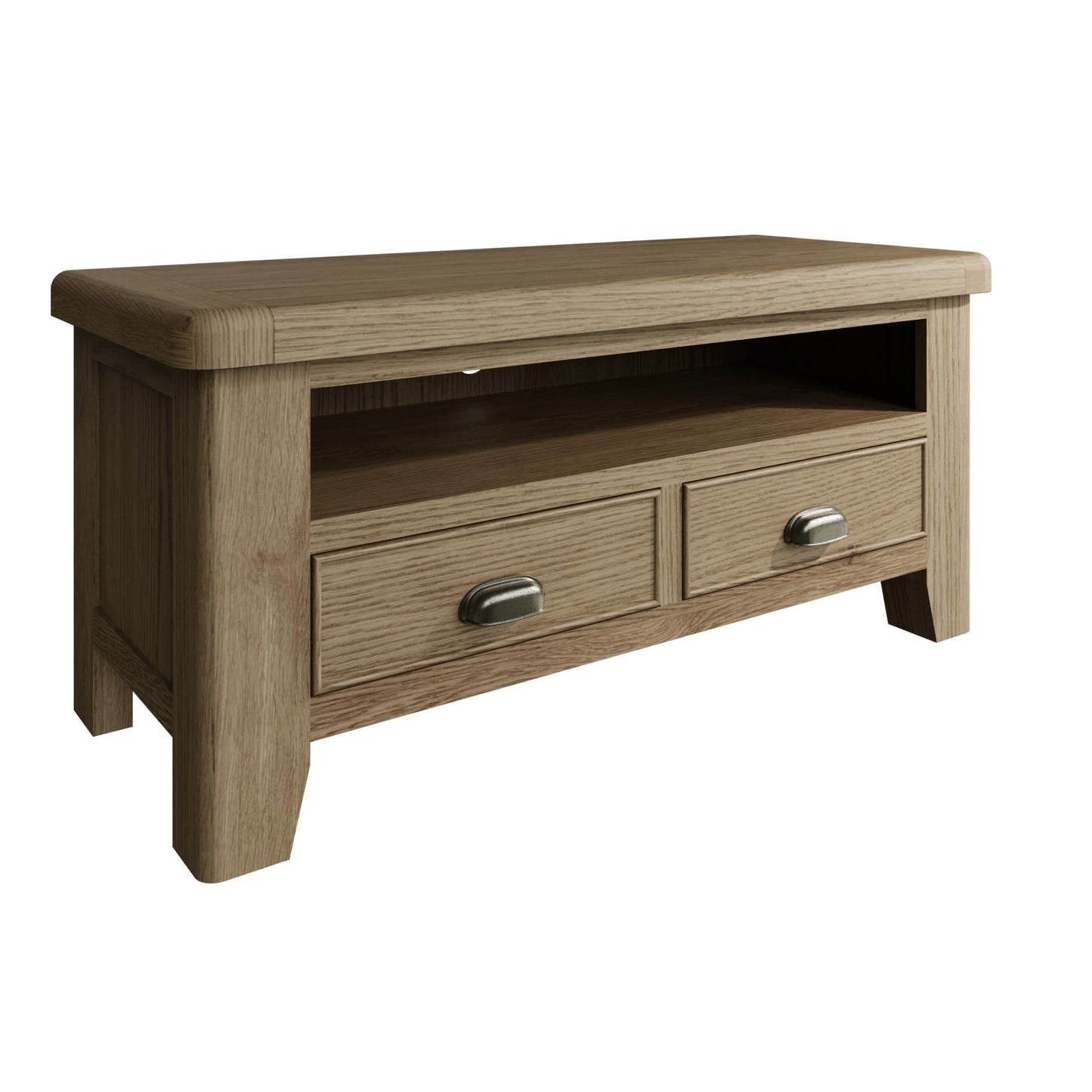 Small oak TV unit with a shelf and 2 drawers shown standalone without distractions.