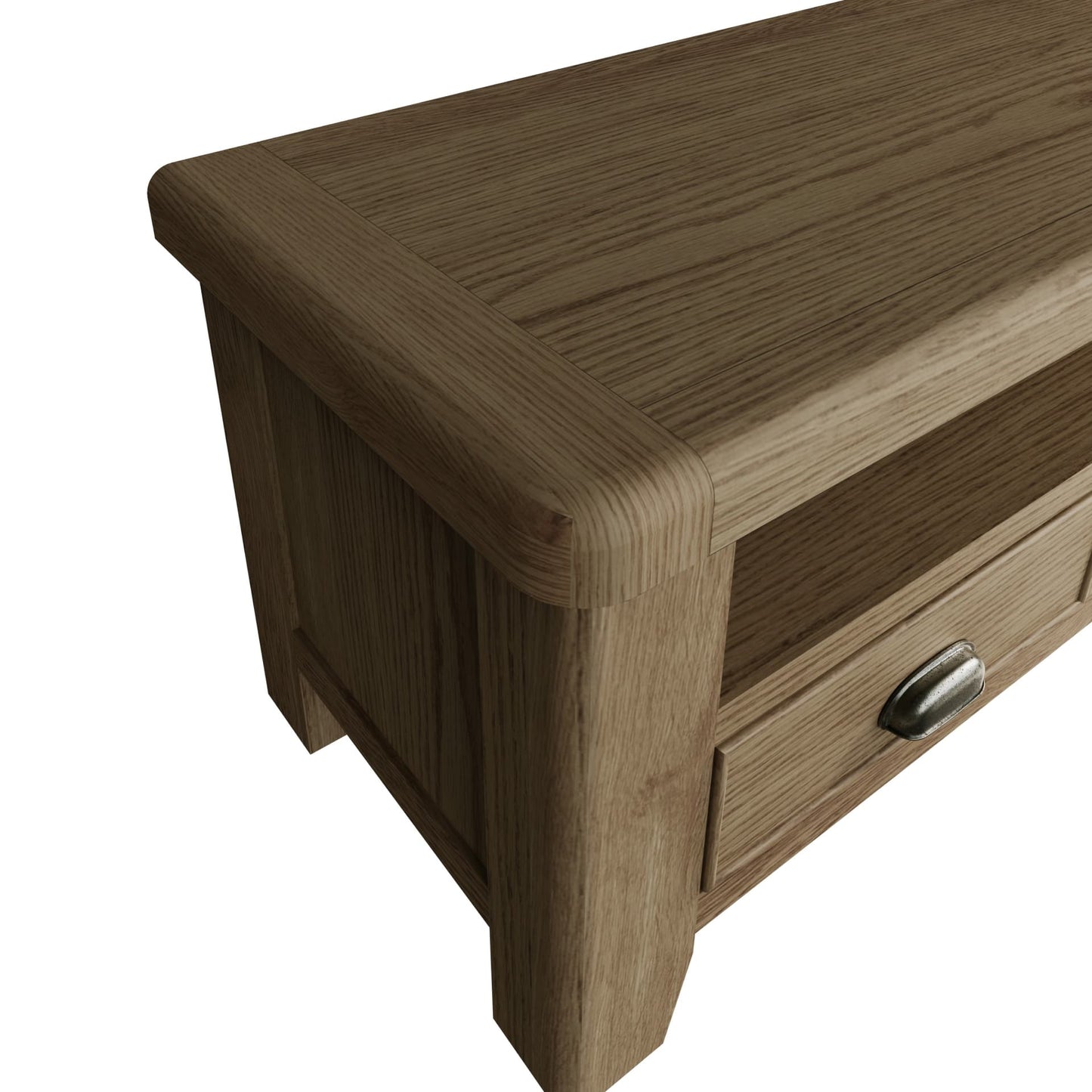 Close view on chunky top, rounded corners and edges of the TV stand