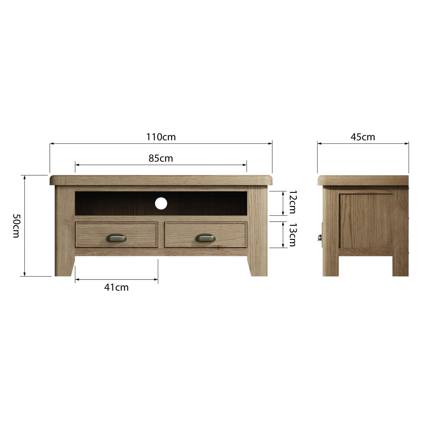 Small oak TV stand with a shelf and 2 drawers is shown from 2 sides with dimension details