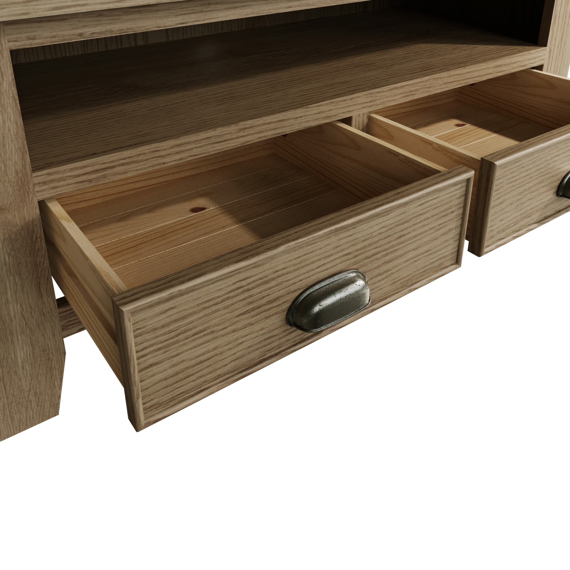 Inside of the open drawers of the oak TV stand