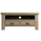 2 drawer TV unit shown from the front. The storage shelf for entertainment has cable management  