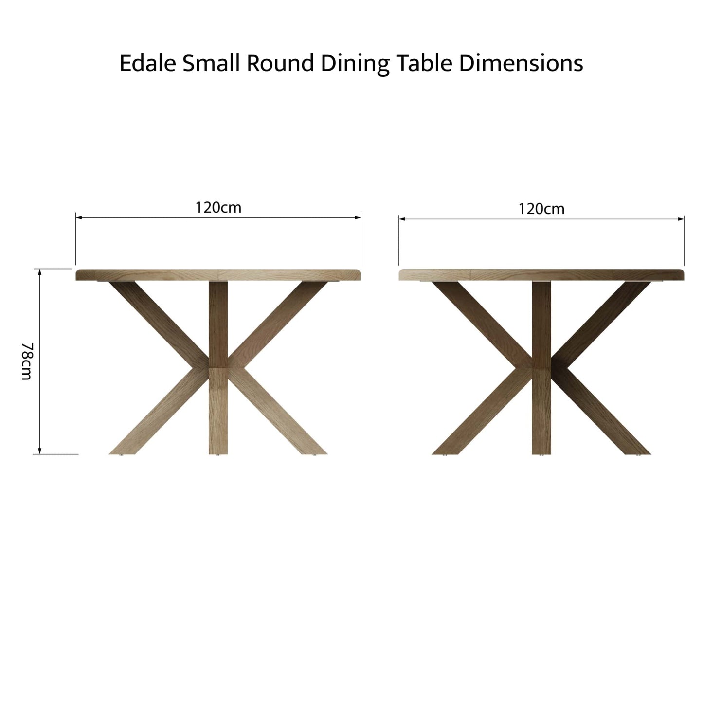 Small oak round dining table product view from both sides and with dimensions