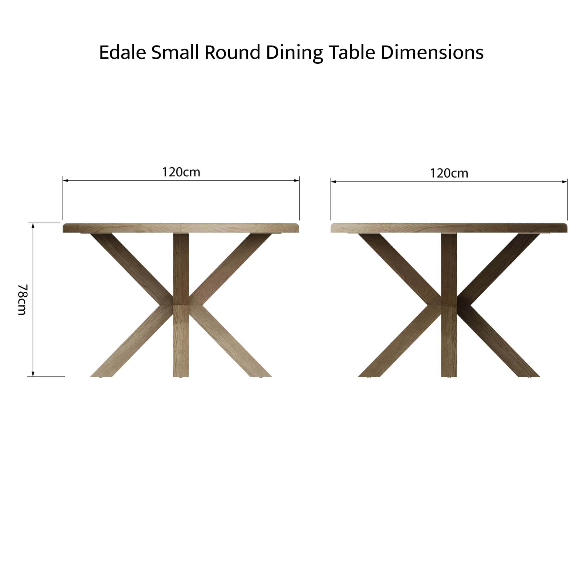 Small oak round dining table product view from both sides and with dimensions