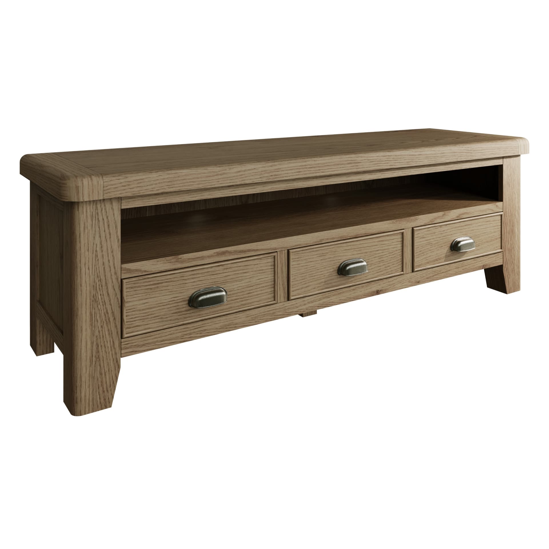 Standard oak TV unit with a shelf and 3 drawers shown standalone without distractions.