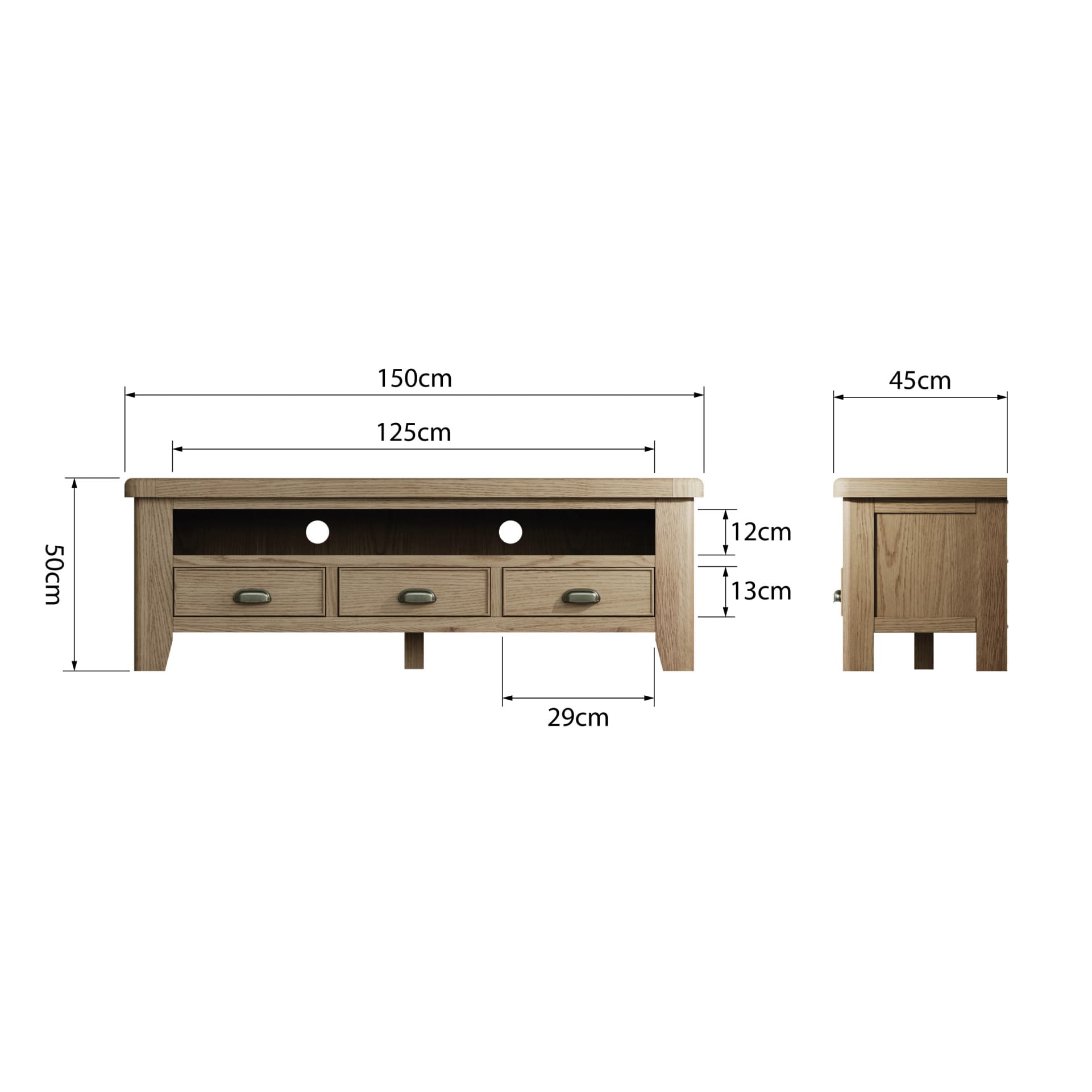 Oak TV stand with a shelf and 3 drawers is shown from 2 sides with dimension details