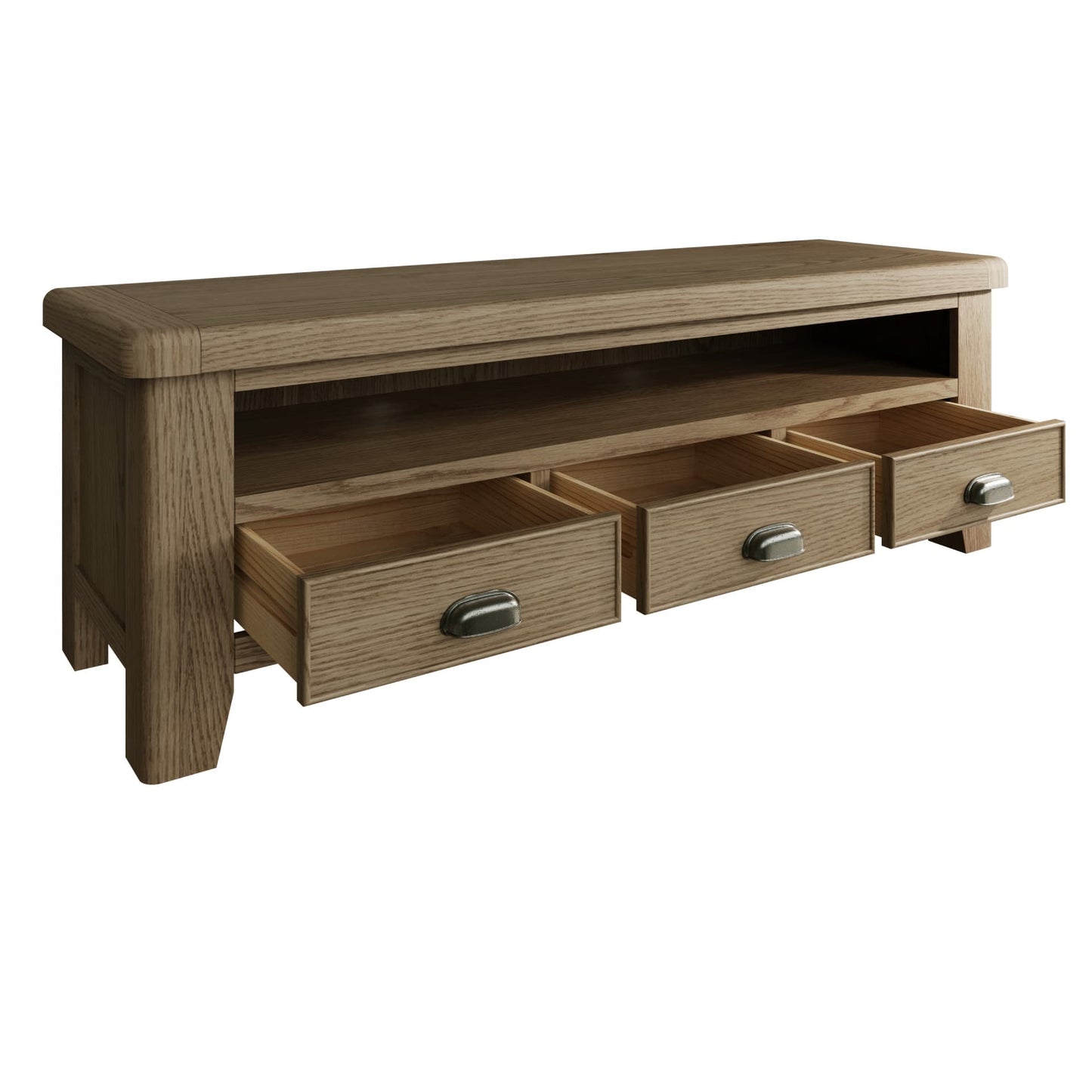 3 drawer oak TV stand revealing the storage