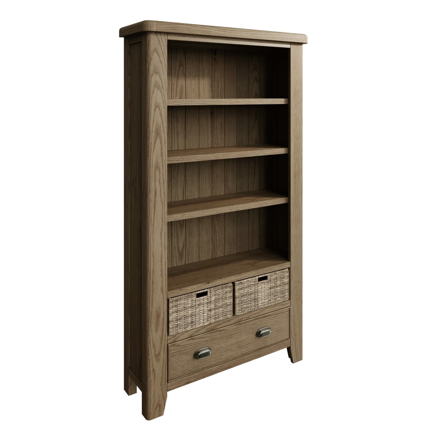 Tall and wide oak bookcase with one large drawer and 2 wicker baskets is shown separately without distractions