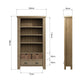 Tall oak bookcase is shown from two sides with dimension details