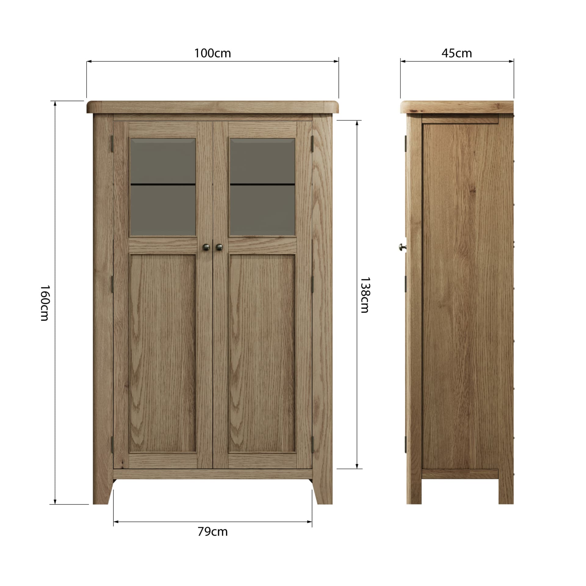 Tall 2 door oak drinks cabinet is shown from 2 sides with dimension details