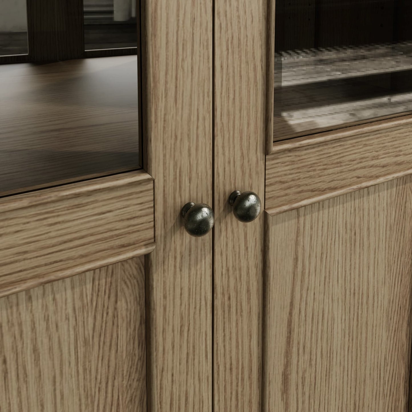 Close view on knob handles of the doors with antique effect and glass inserts in the doors