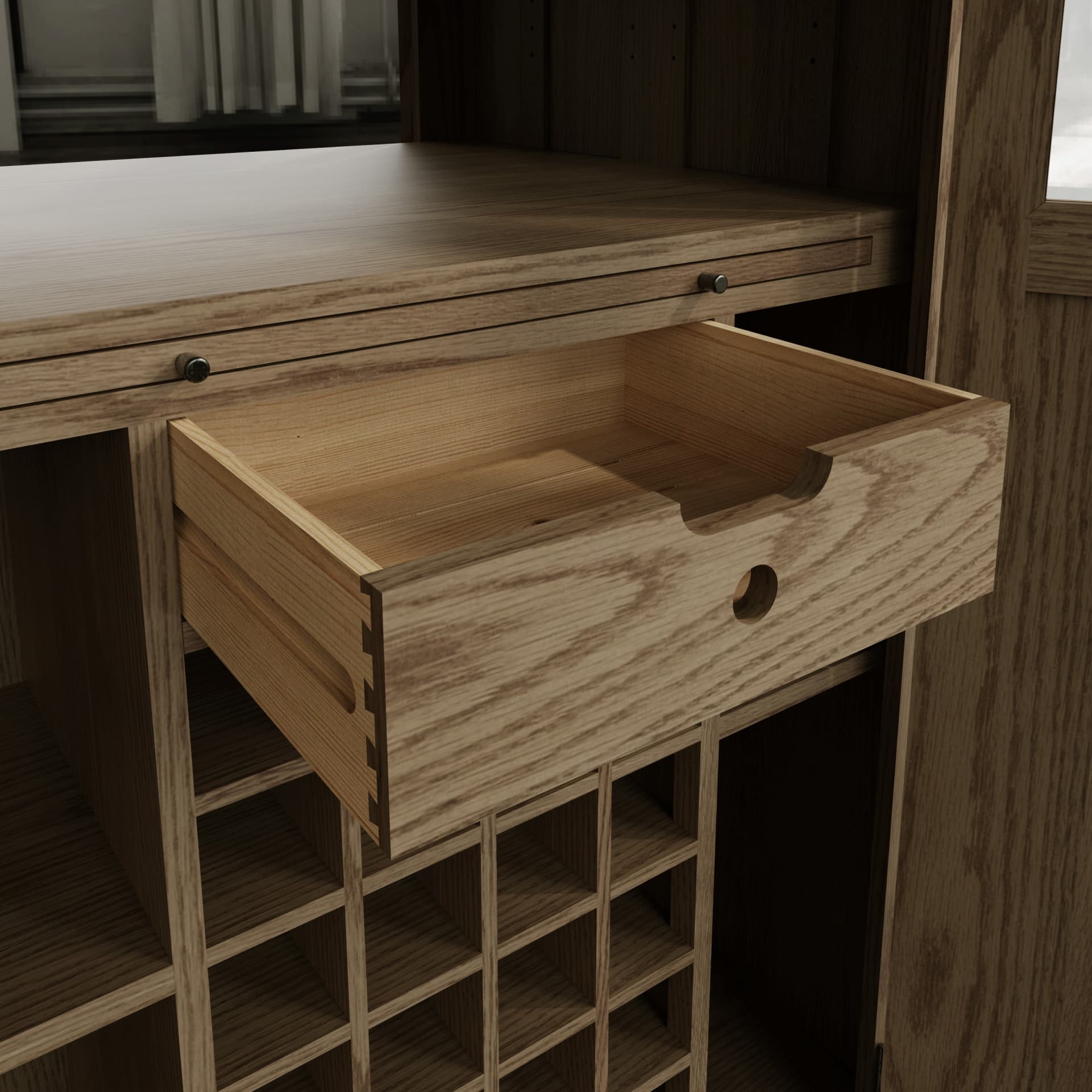 Close view on pull out dovetailed drawer, lower display shelf and handles of the concealed pull out working space with chopping board