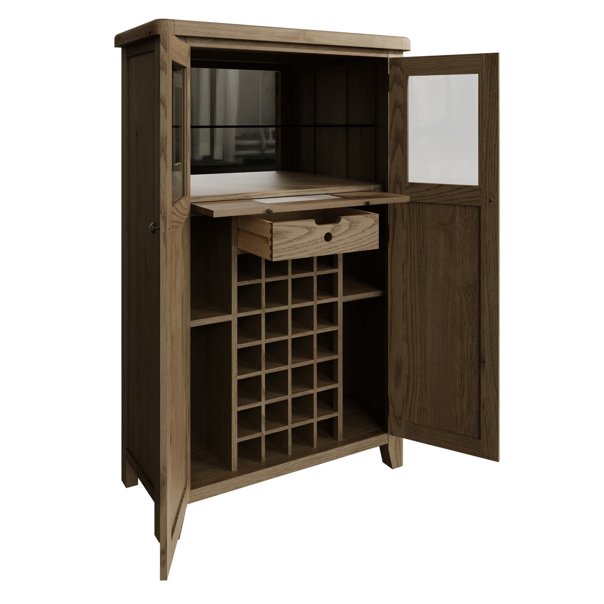 Tall wooden cocktail cabinet is shown open revealing storage inside. Two upper shelves are for open display behind glass featuring mirrored back and LED lights. Pull out chopping board allows working place for cocktail prep. Pull out drawer for smaller items organisation. Wine rack space for 28 bottles. Large compartments on each side for more storage