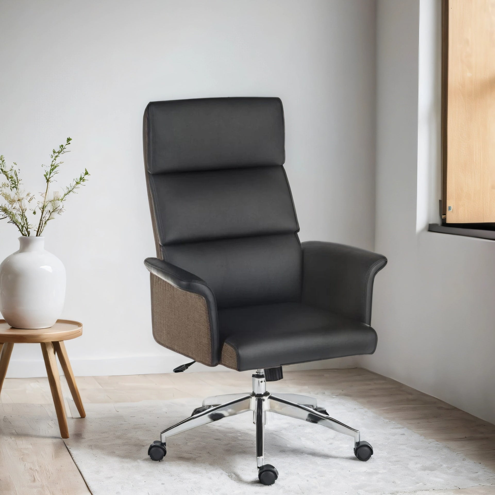 black high back office chair with gull wing arms shown in AI engineered room setting