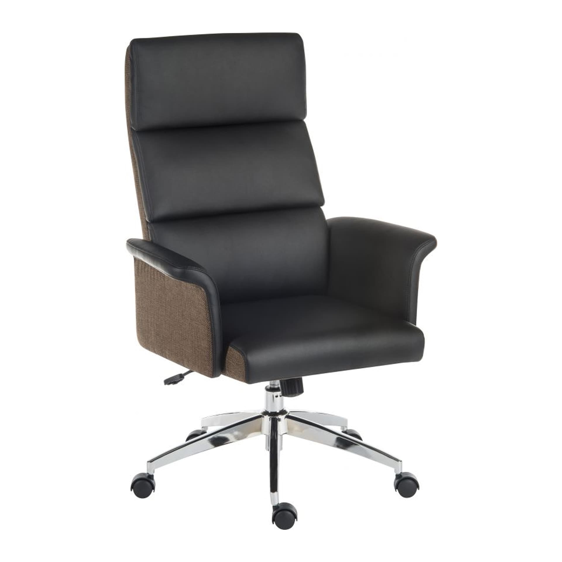side look on high back black and brown office chair with armrests