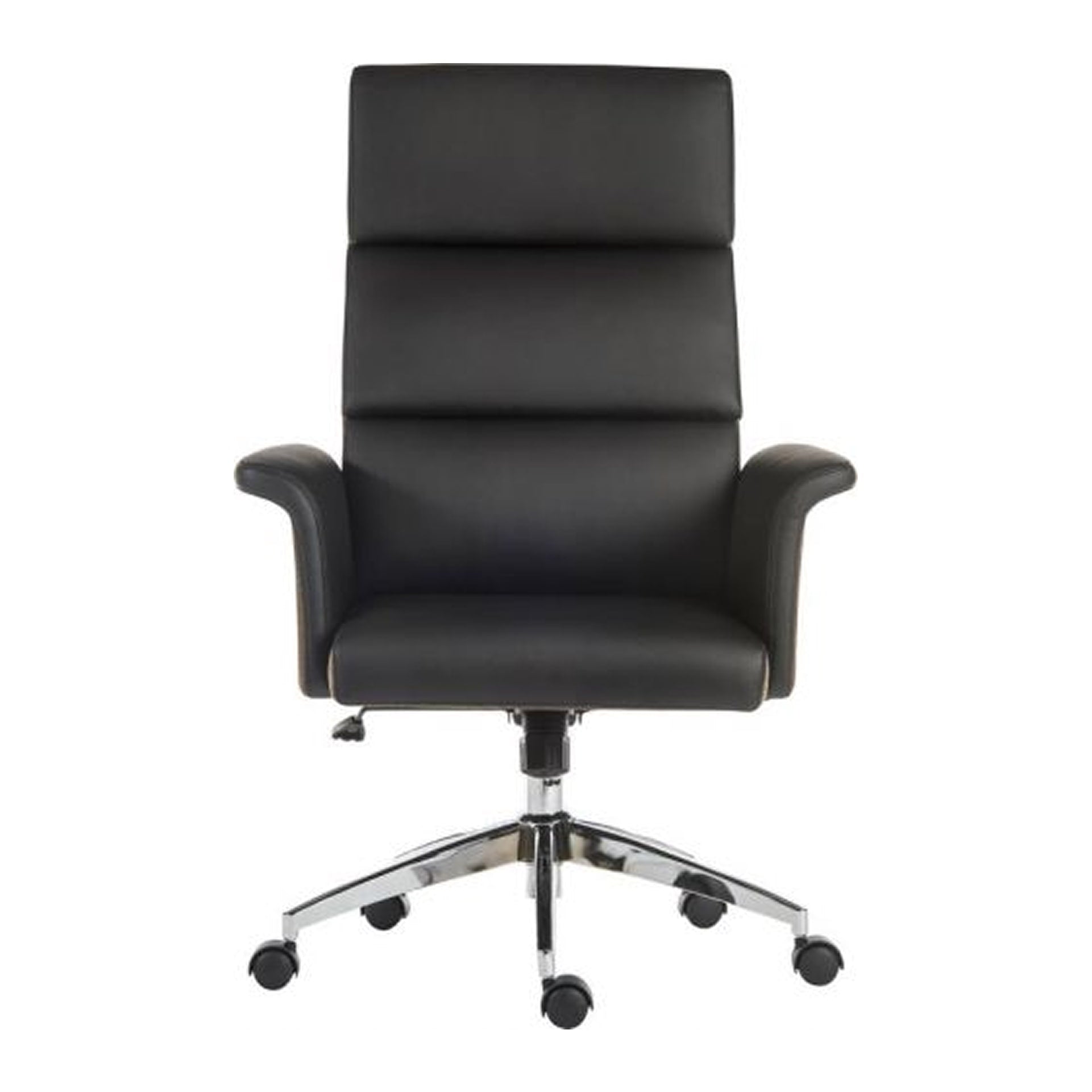 front look on black high back faux leather office chair with gull wing arms