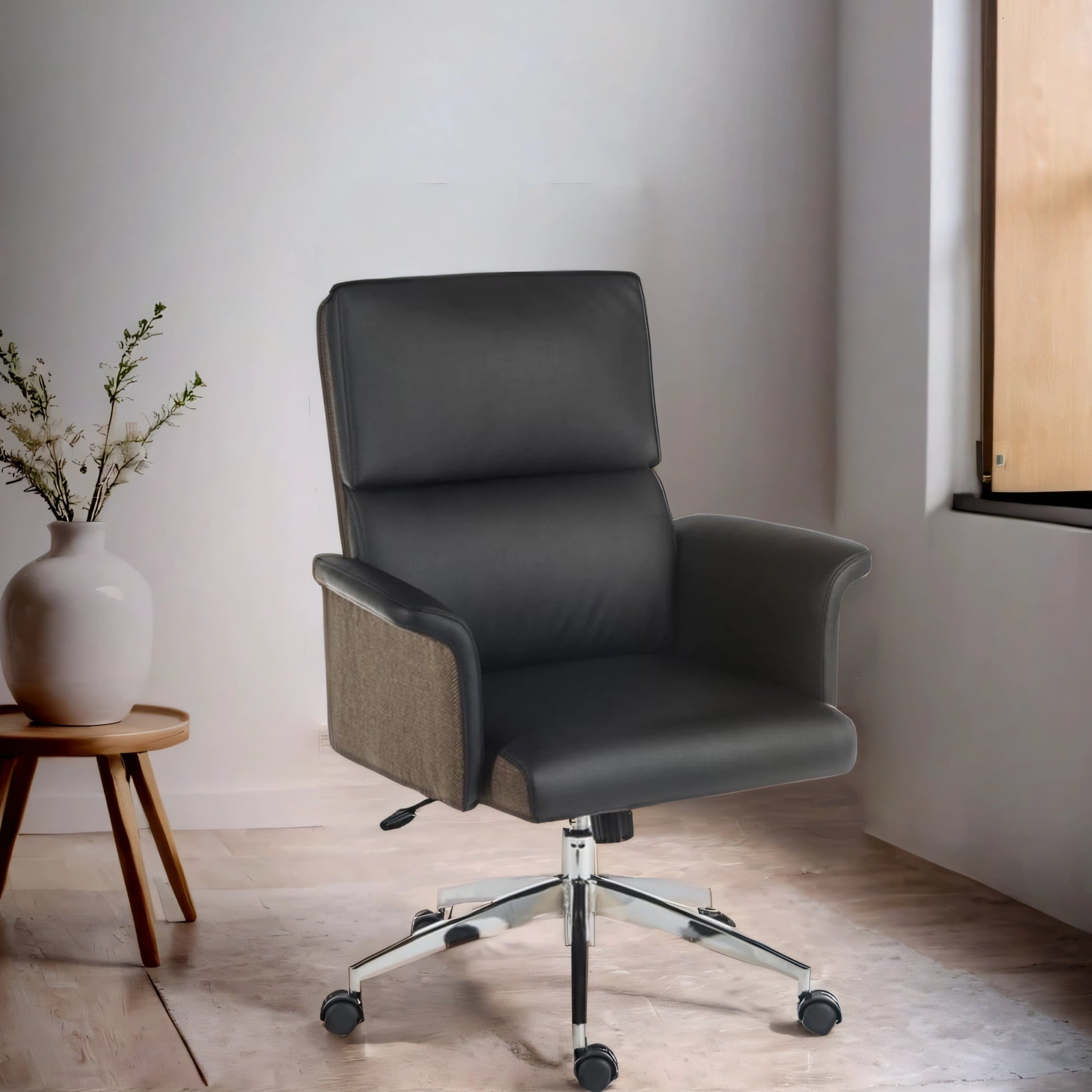 black medium back office chair with gull wing arms shown in AI engineered room setting
