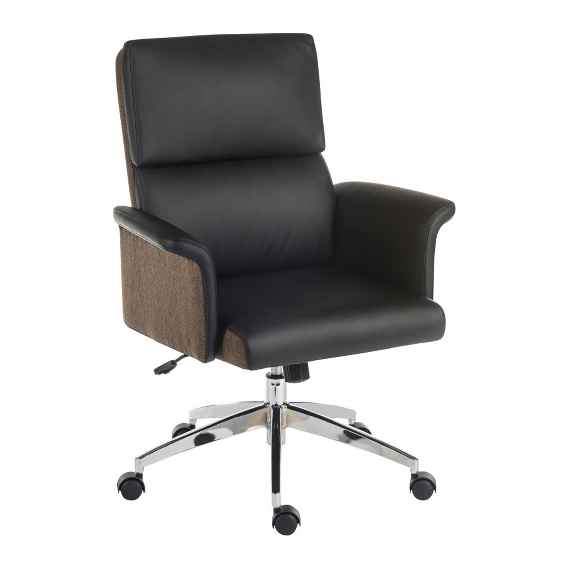 view at an angle on medium back faux leather padded office chair in black and brown