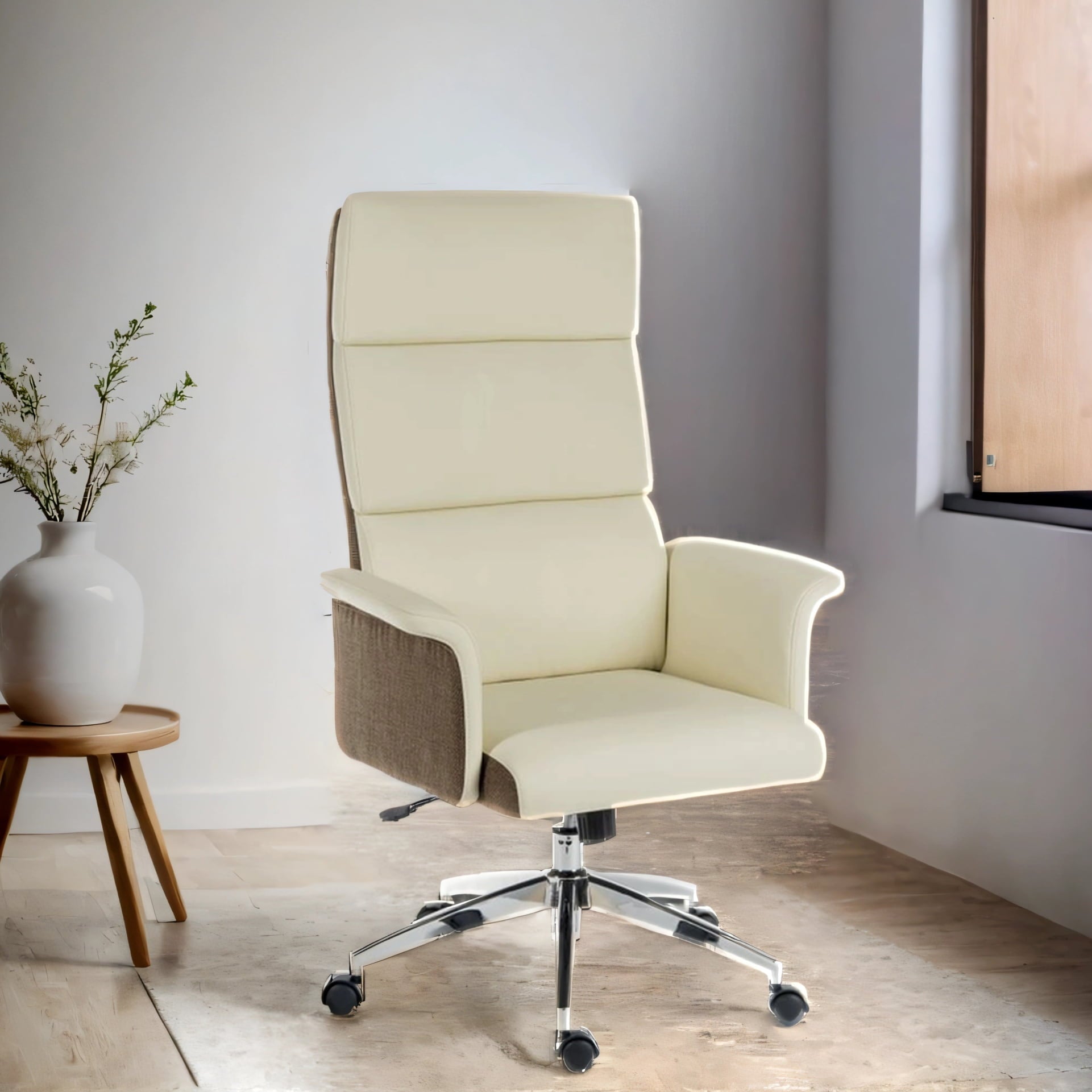 cream high back office chair with gull wing arms shown in AI engineered room setting