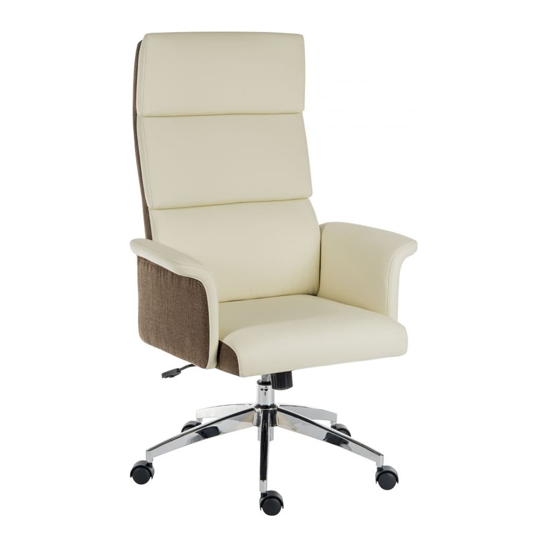 side look on high back cream and brown office chair with armrests