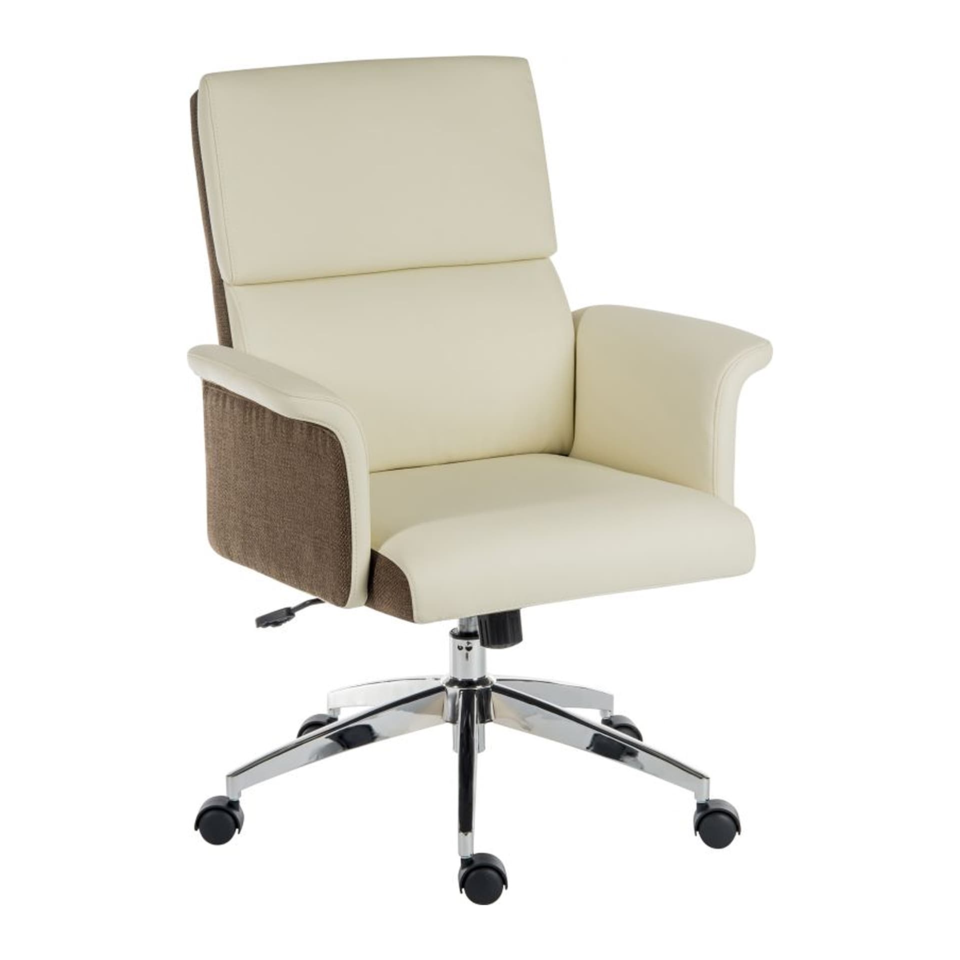 view at an angle on medium back faux leather padded office chair in cream and brown