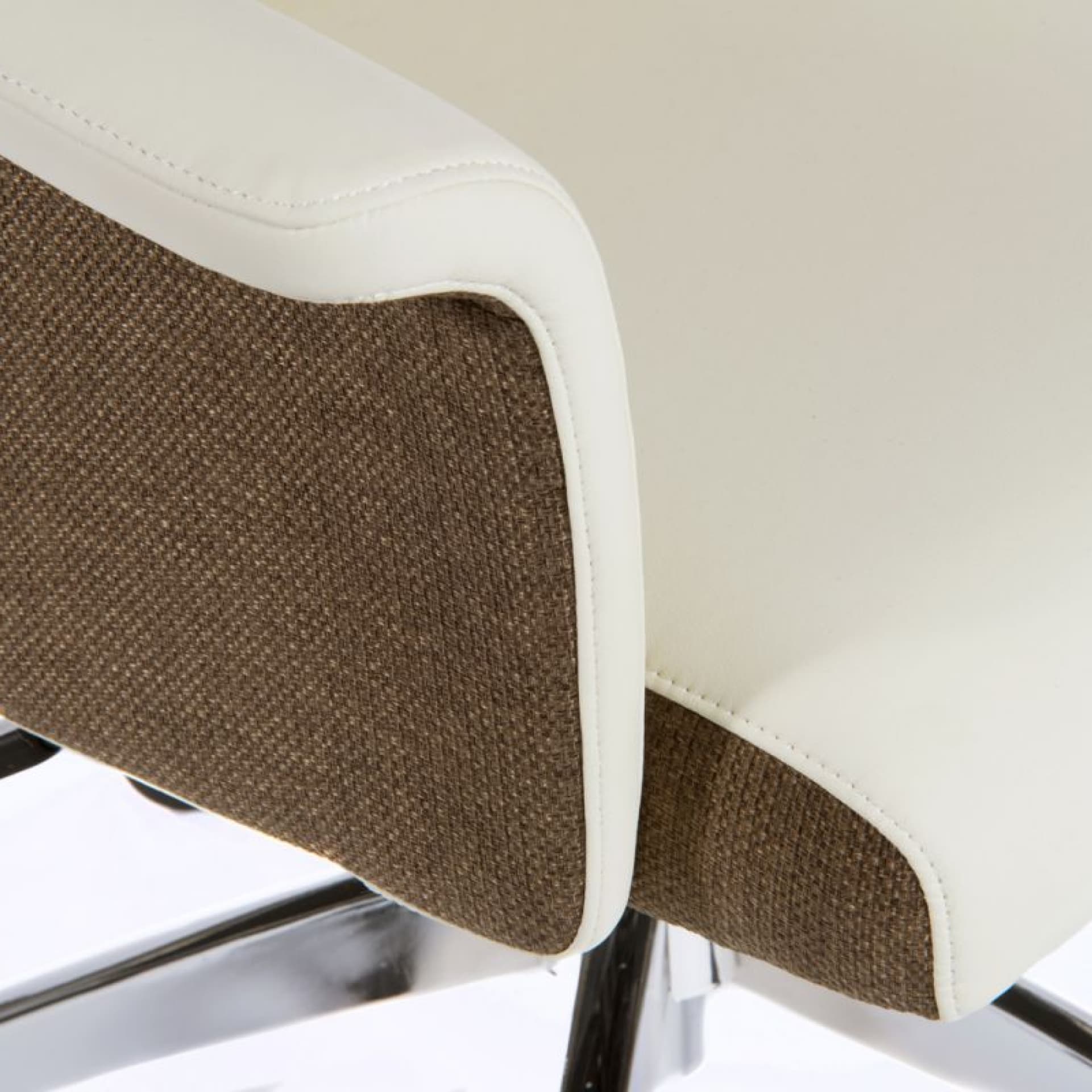 close look on two finishes of the office chair - cream leather and chocolate woven fabric 