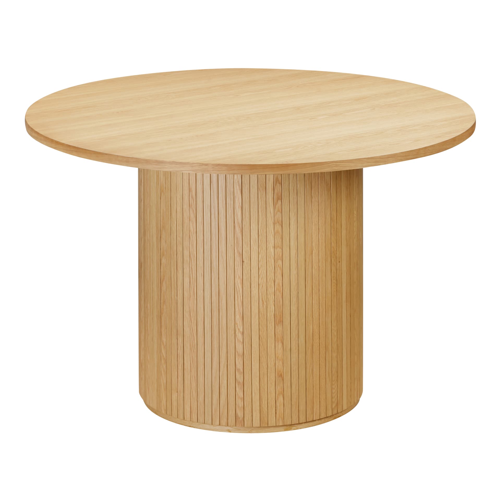 Angled view on a round oak dining table with slatted pedestal leg