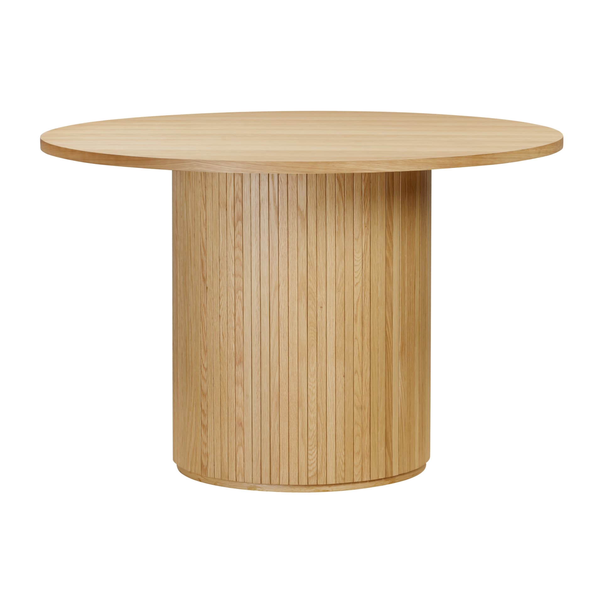 Front view of small round wooden dining table with slatted pedestal leg