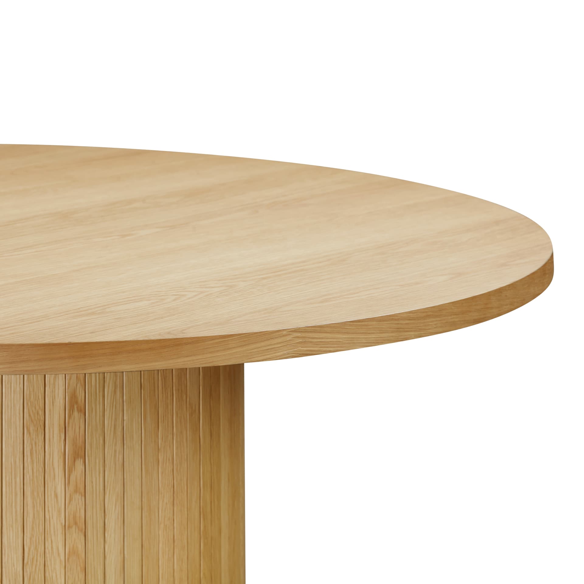 Close look on table top and slatted pedestal leg of the dining table