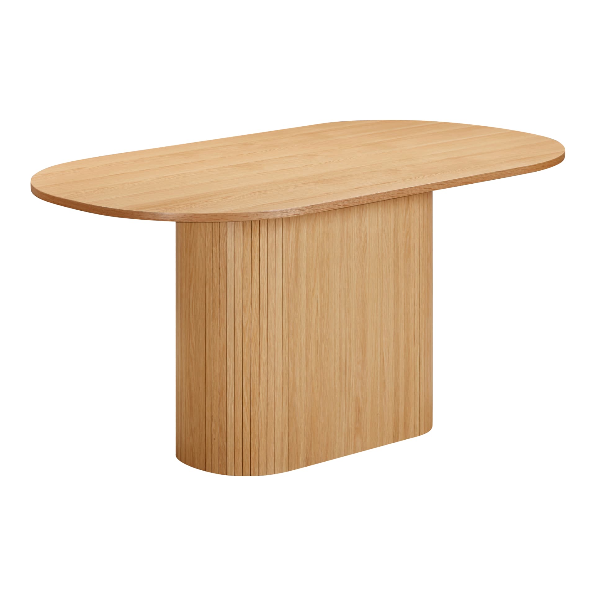 oval oak dining table with slatted pedestal base shown on white background