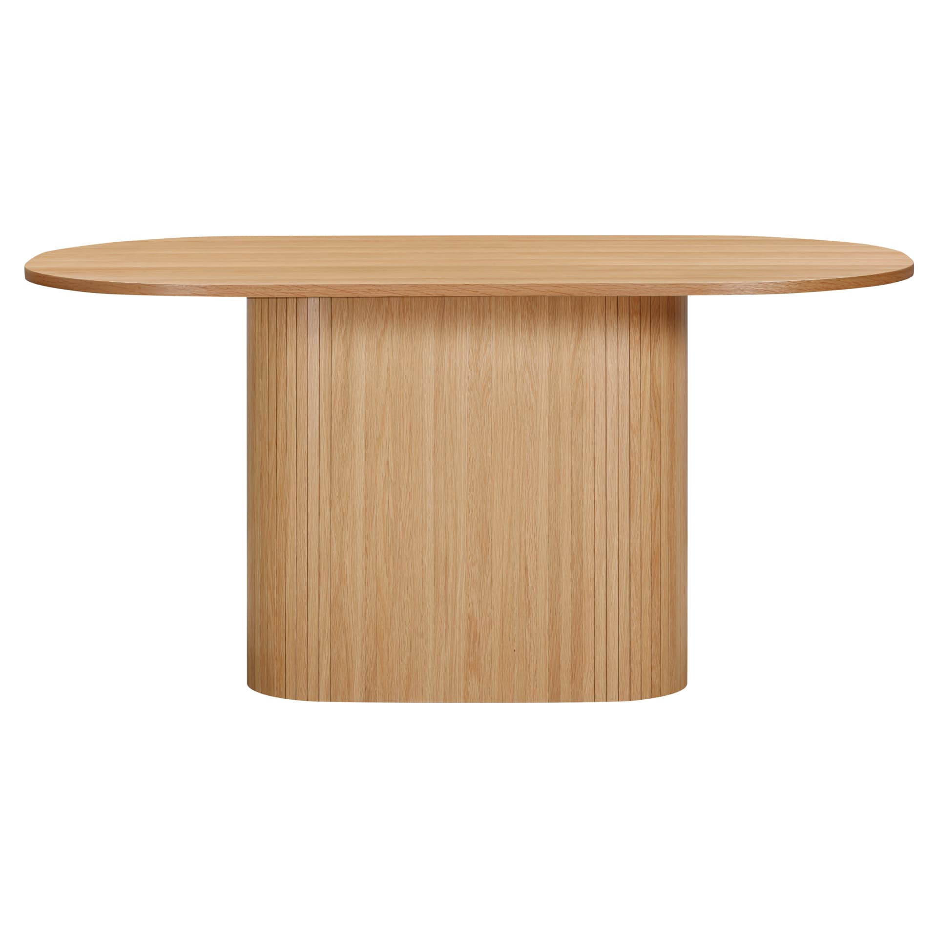 side view on oval oak dining table with slatted pedestal leg 
