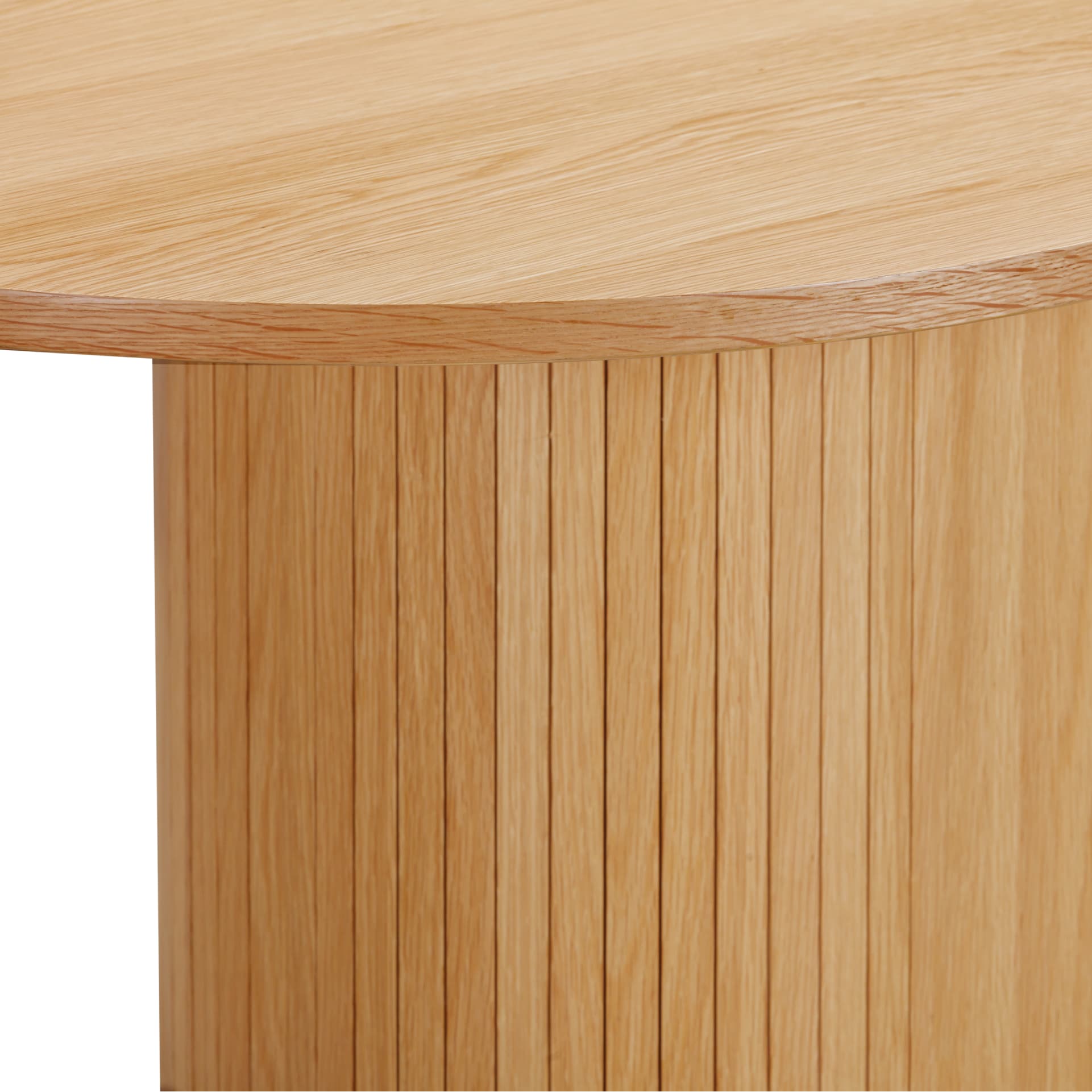 Close view on table top and slats of the pedestal of the oval dining table