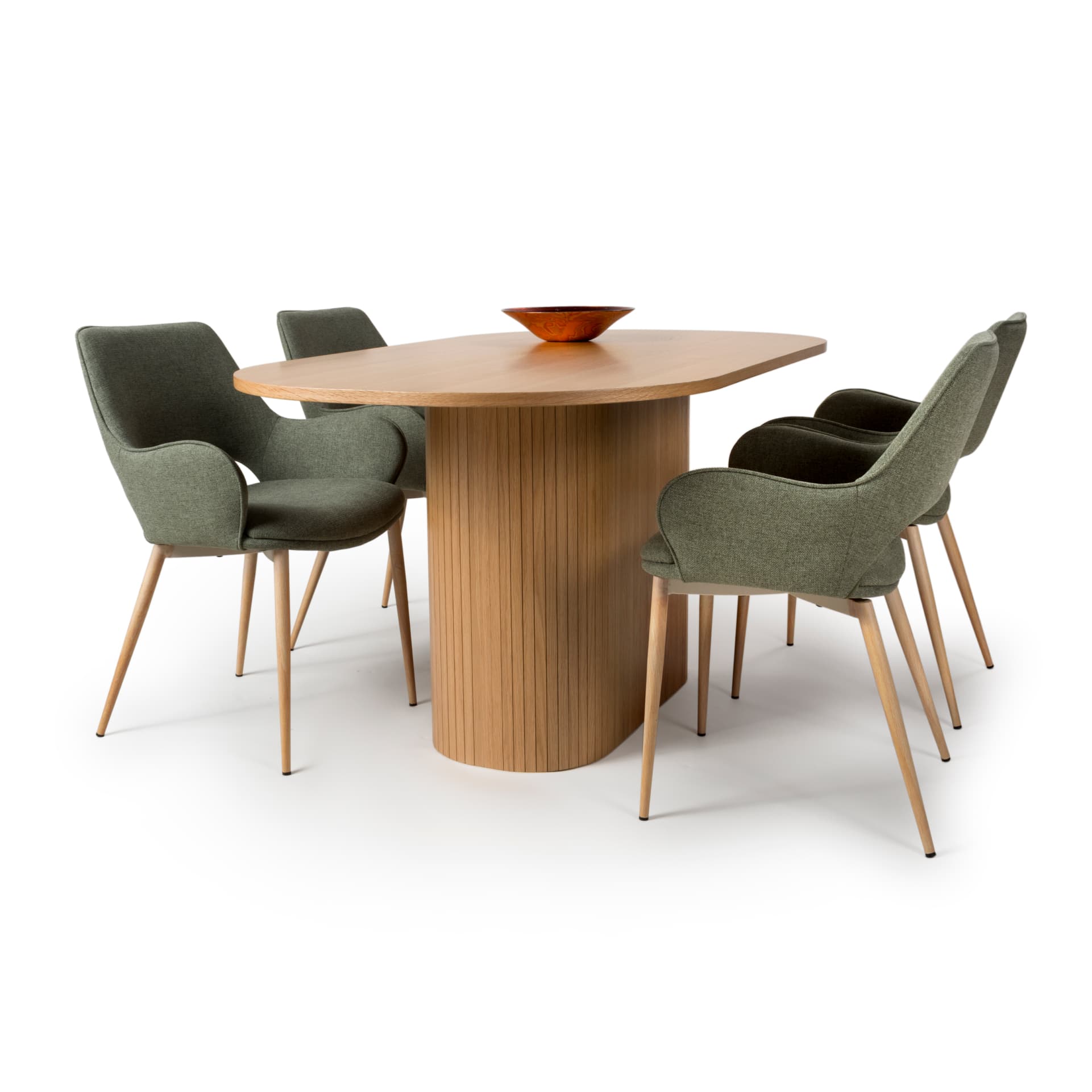 oval oak dining table with 4 green seats on white background