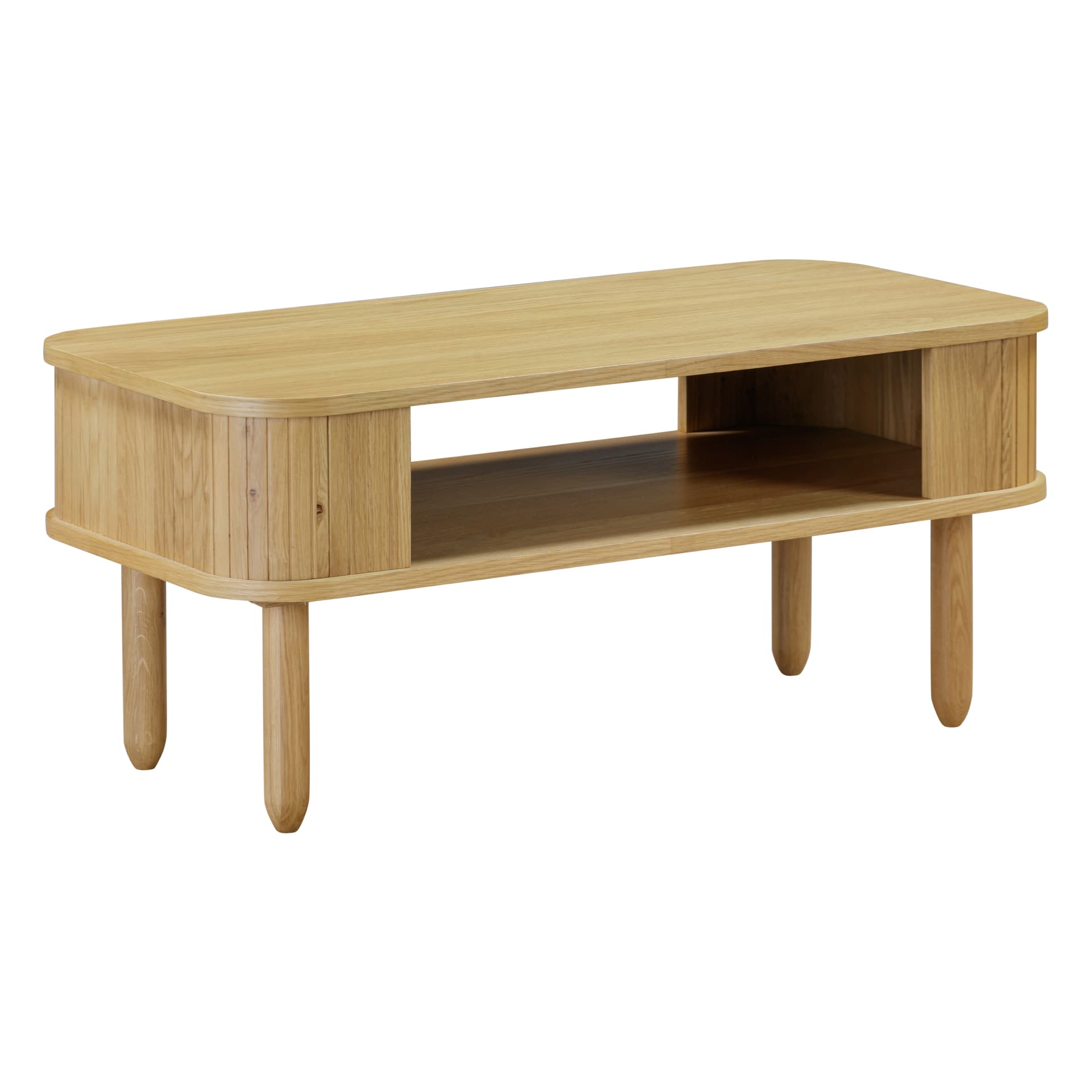 oak coffee table with shelf shown on white background