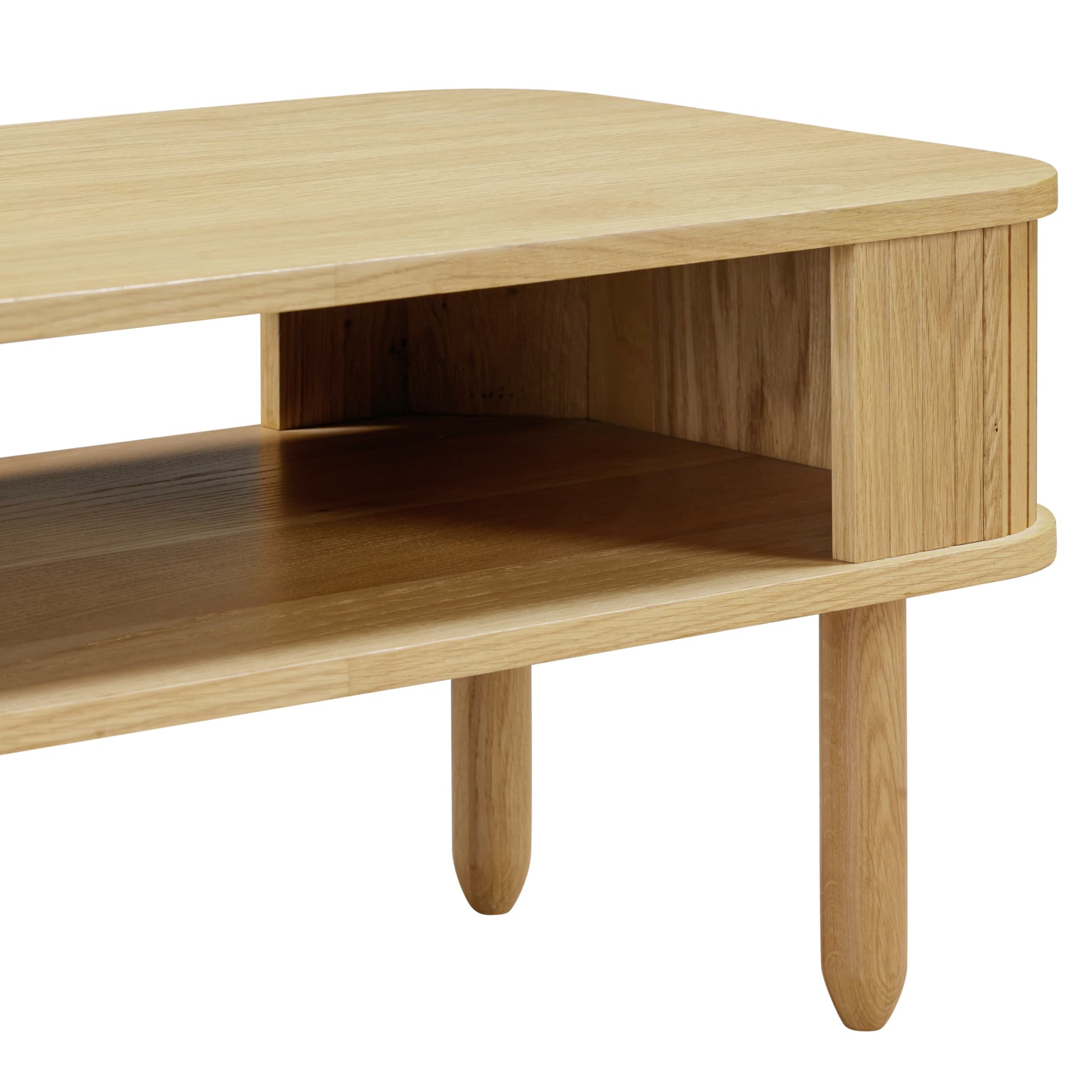 close view on the finishes, slats, table top and shelf of the wooden coffee table