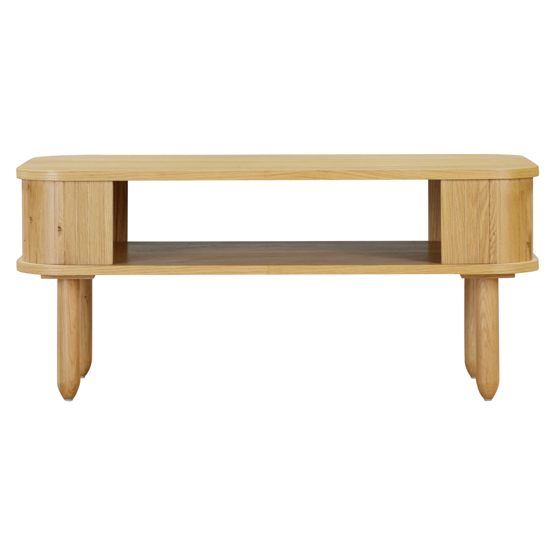 front view on the wooden coffee table with open shelf storage