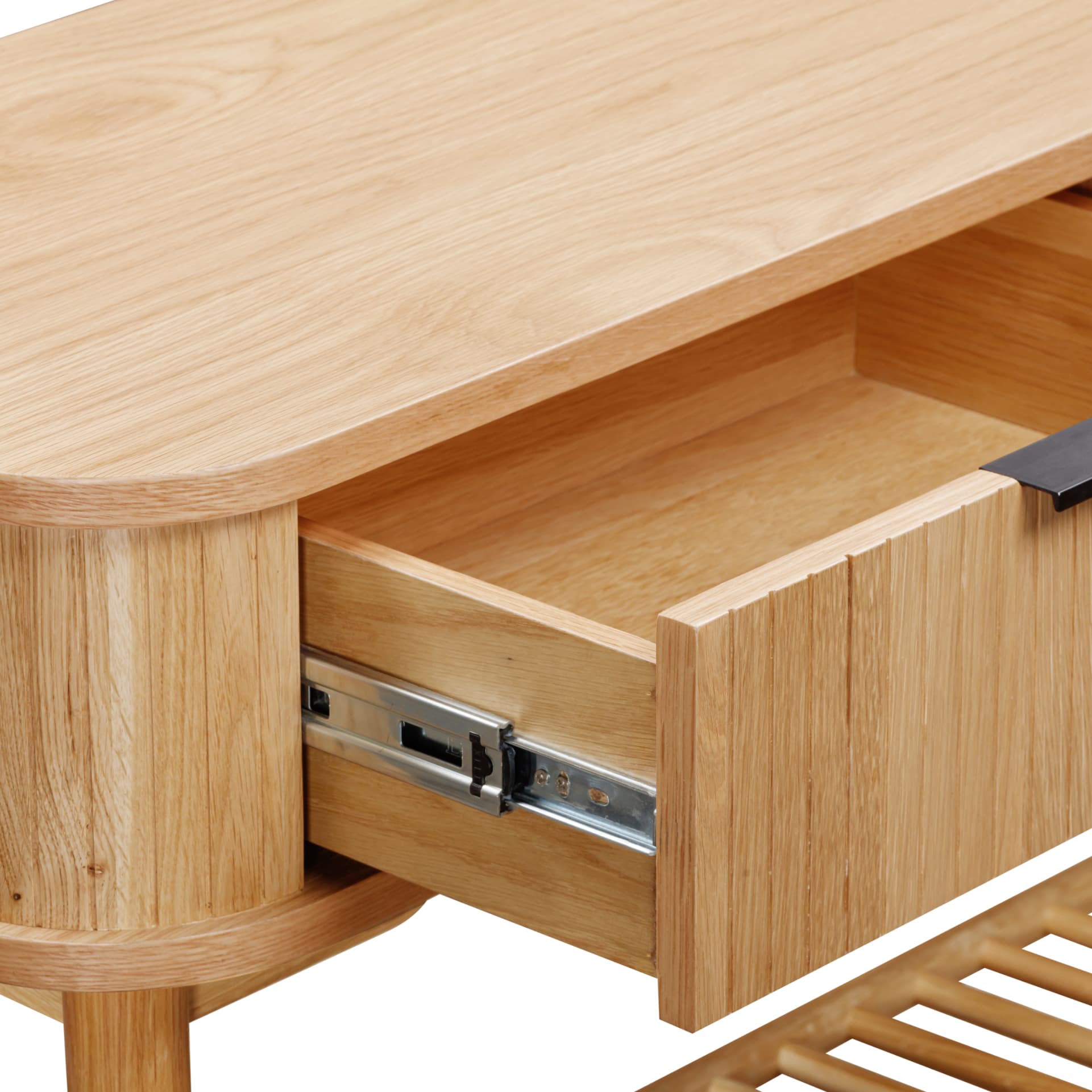 close look on drawer opening mechanism and finishes of slatted sides and a table top of the console table