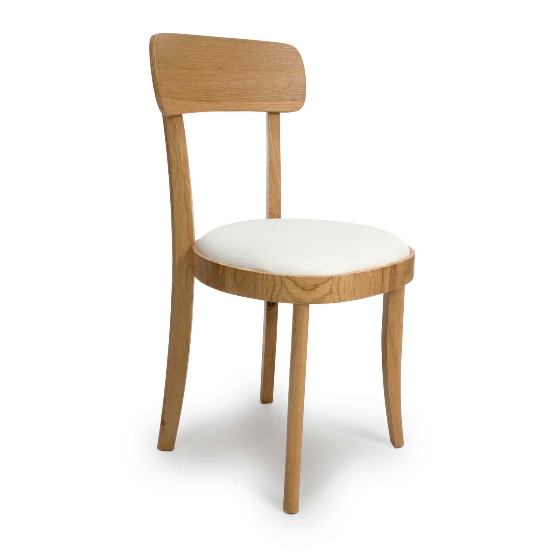 Oak dining chair with open back and curved backrest is shown on white background at an angle