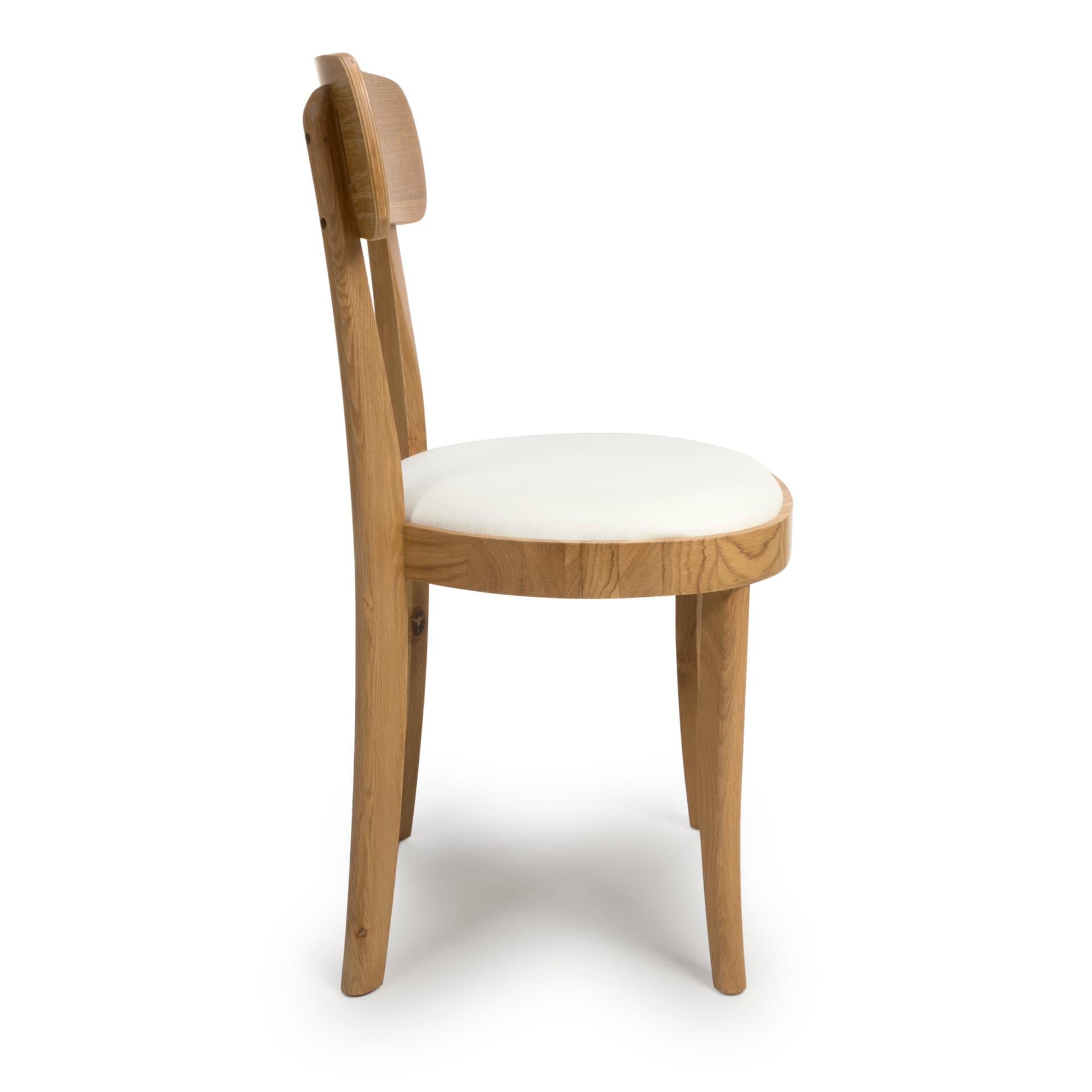 side look on oak curved back dining chair with padded faux leather seat