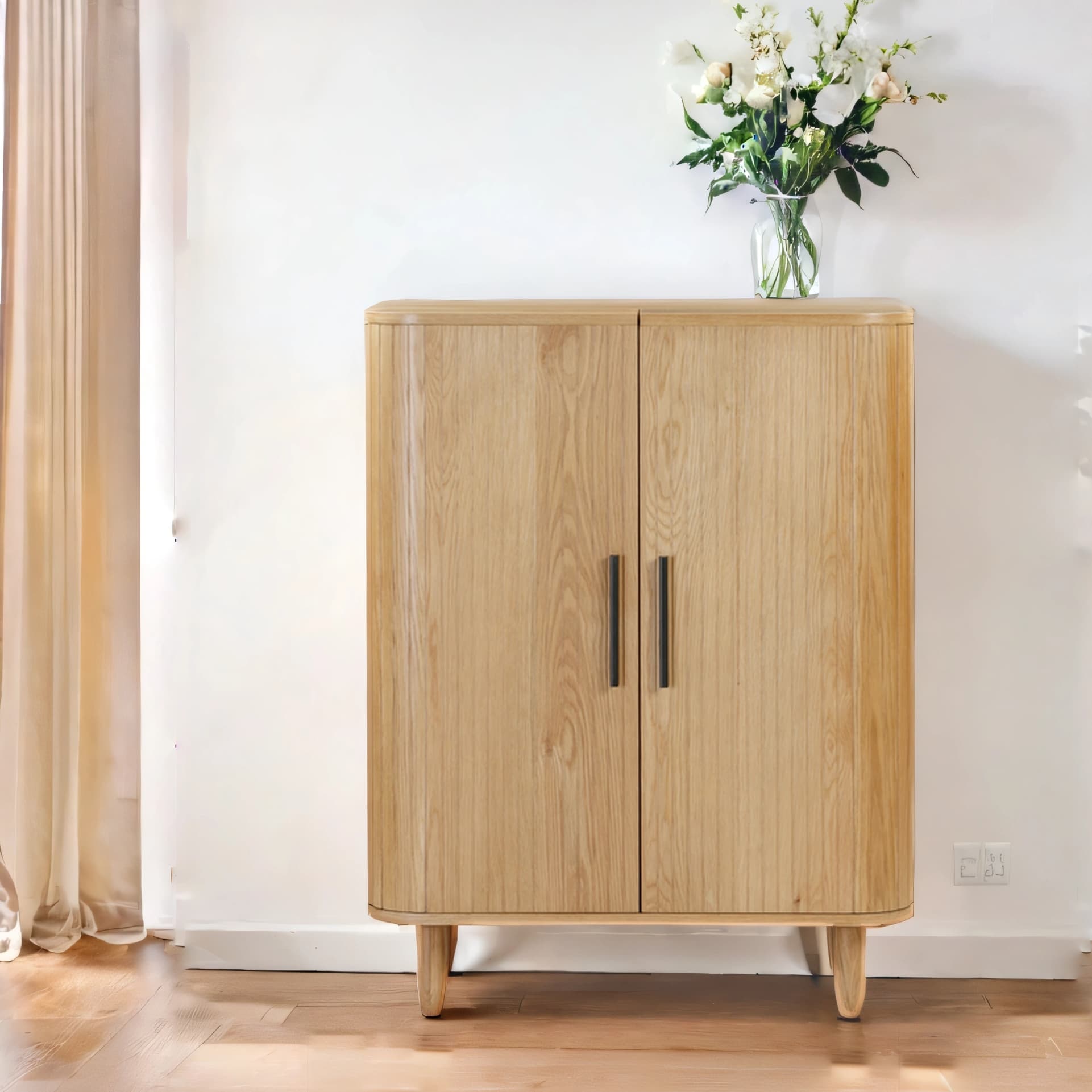 2 door oak drinks cabinet is shown in AI generated room setting with flower and near a window