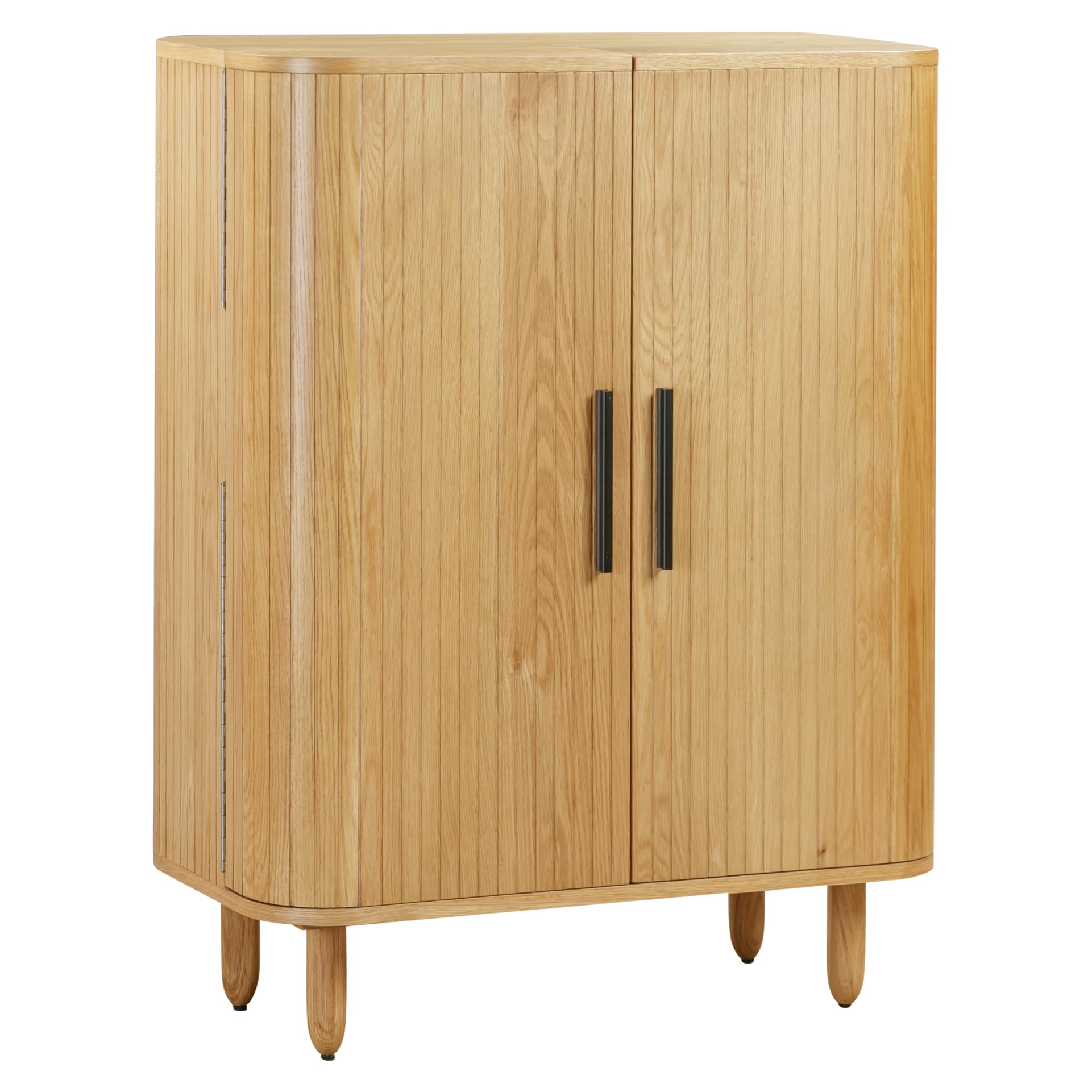 2 door oak drinks cabinet is shown at an an angle. Slatted curved doors feature black metal handles