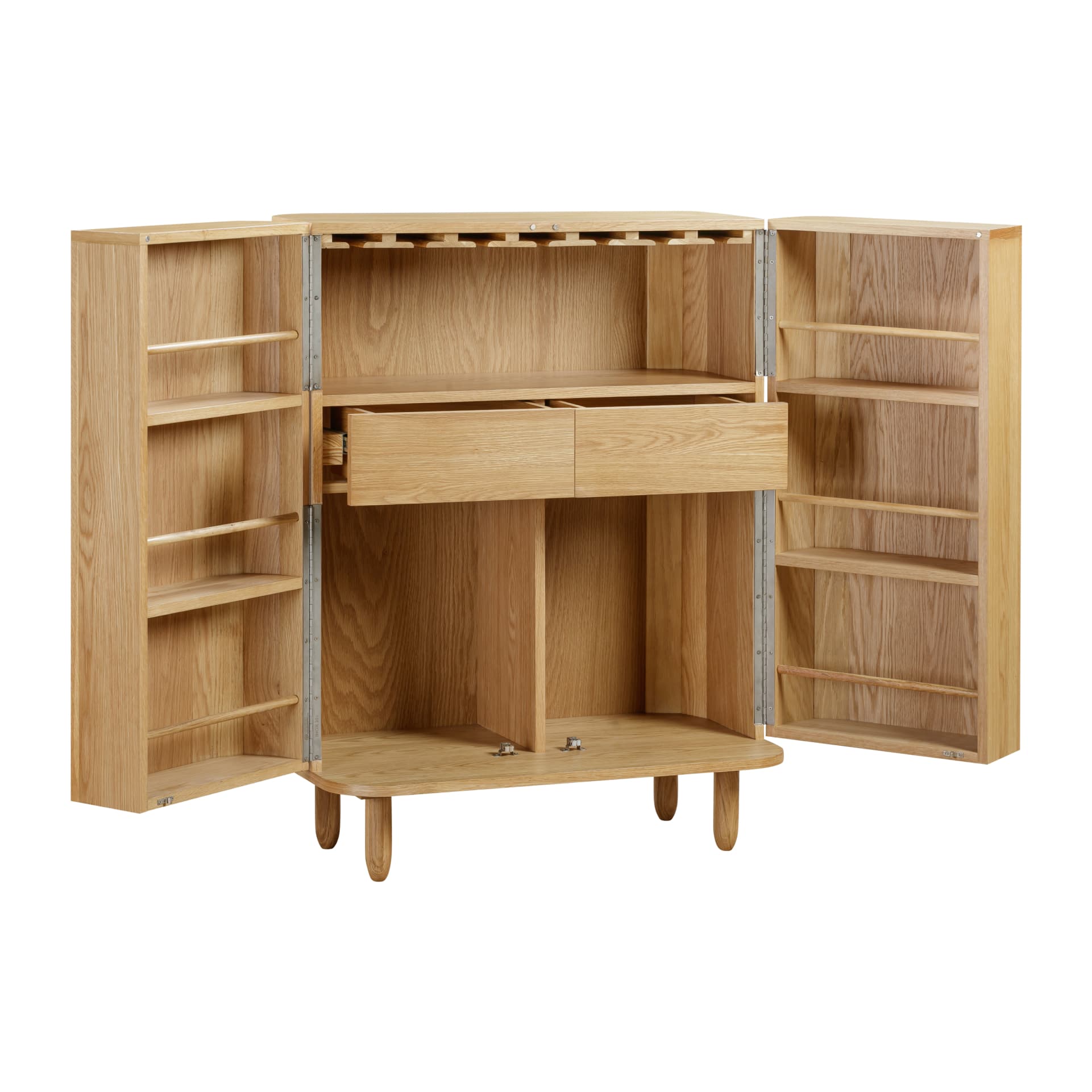 Drinks cabinet is pictured open showcasing 6 inside door shelves, glass rack, 2 drawers and 2 large open compartments 