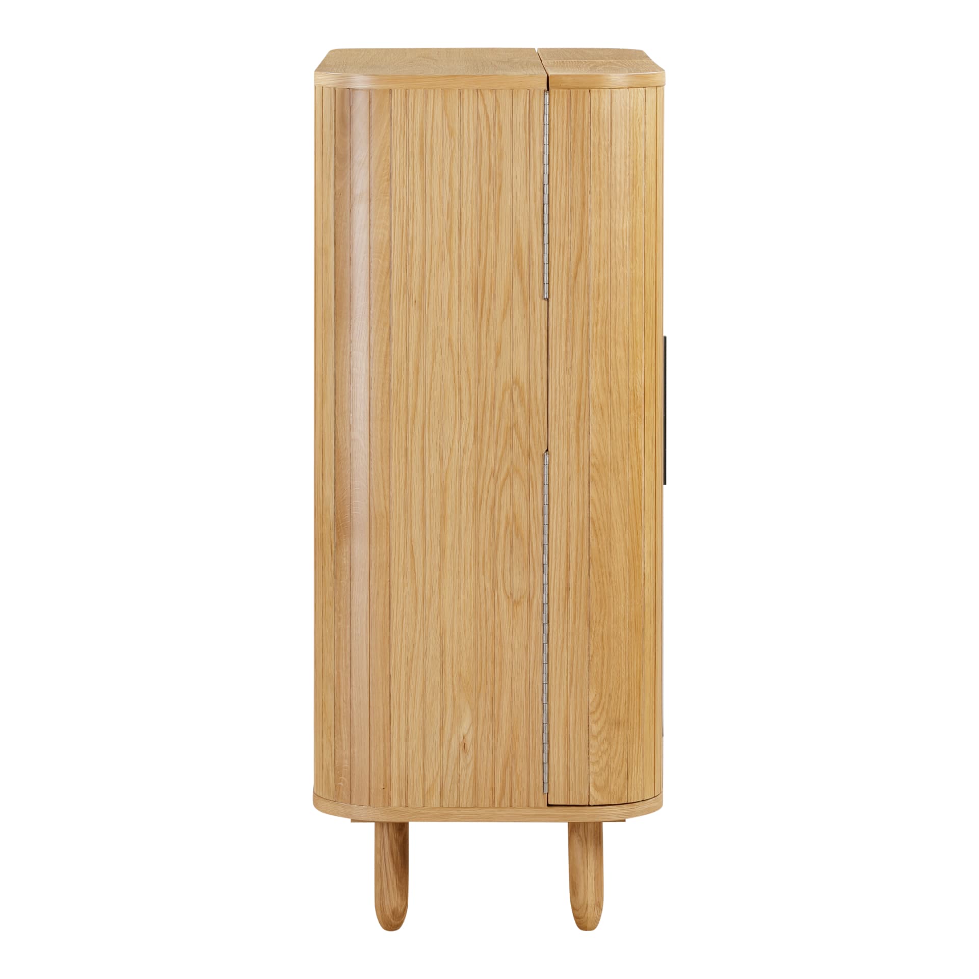 side view on oak cocktail cabinet with rounded edges