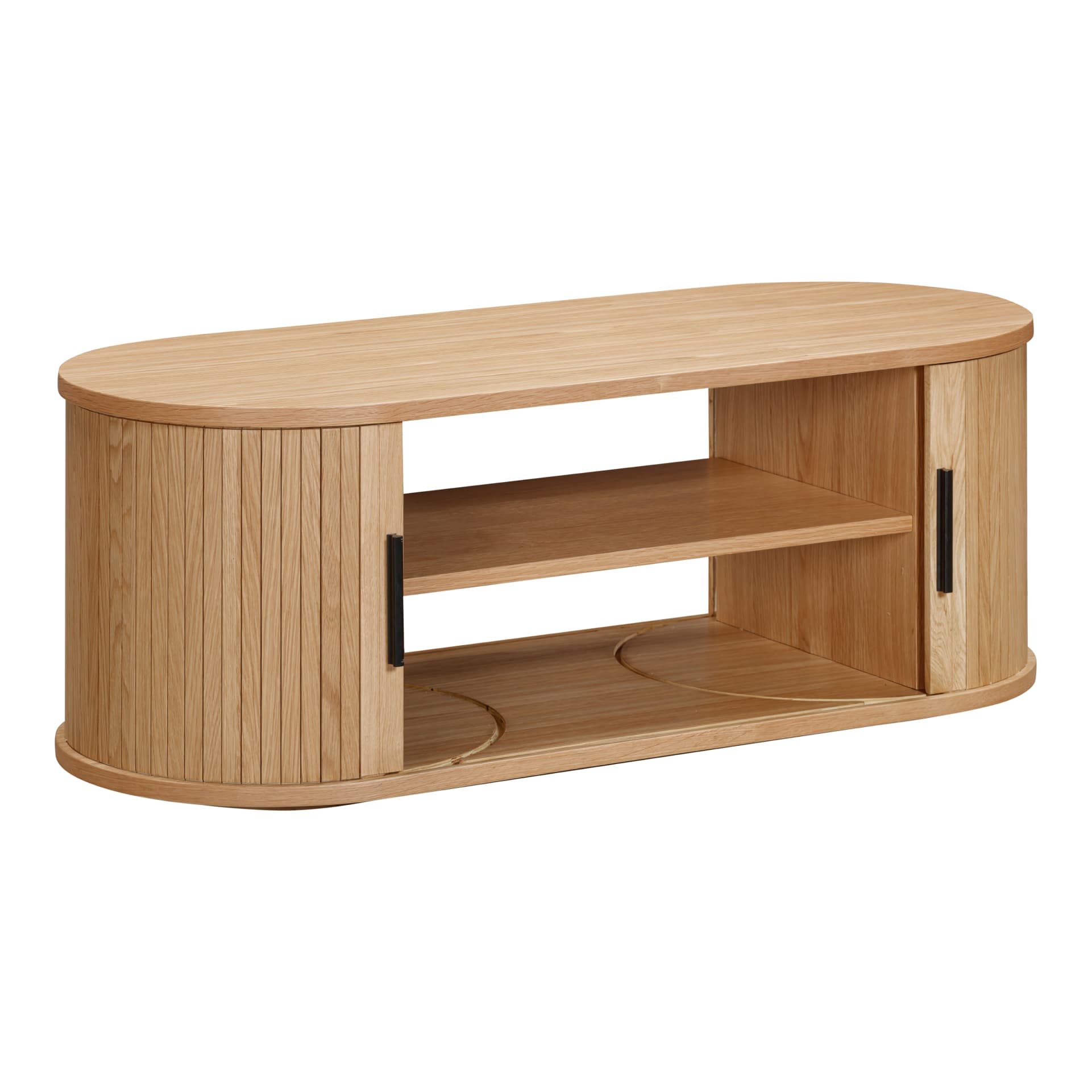 Oak oval coffee table with shelves and sliding slatted doors is shown at an angle