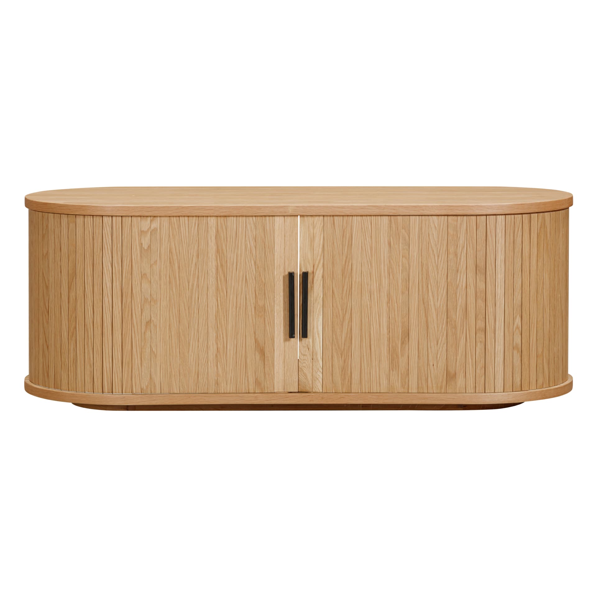 oval oak coffee table with closed slatted sliding doors