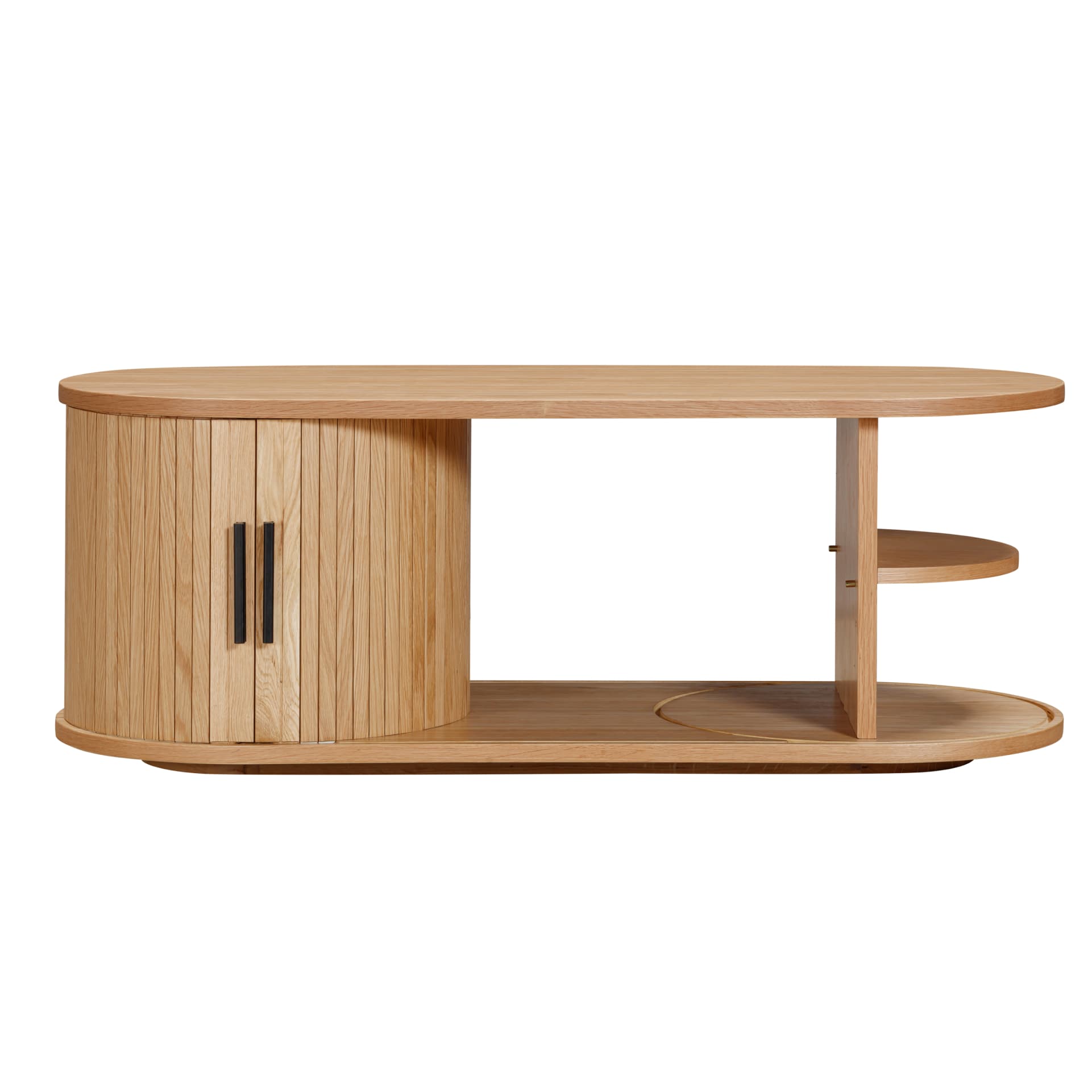 oval oak coffee table with sliding doors and black handles on white background 