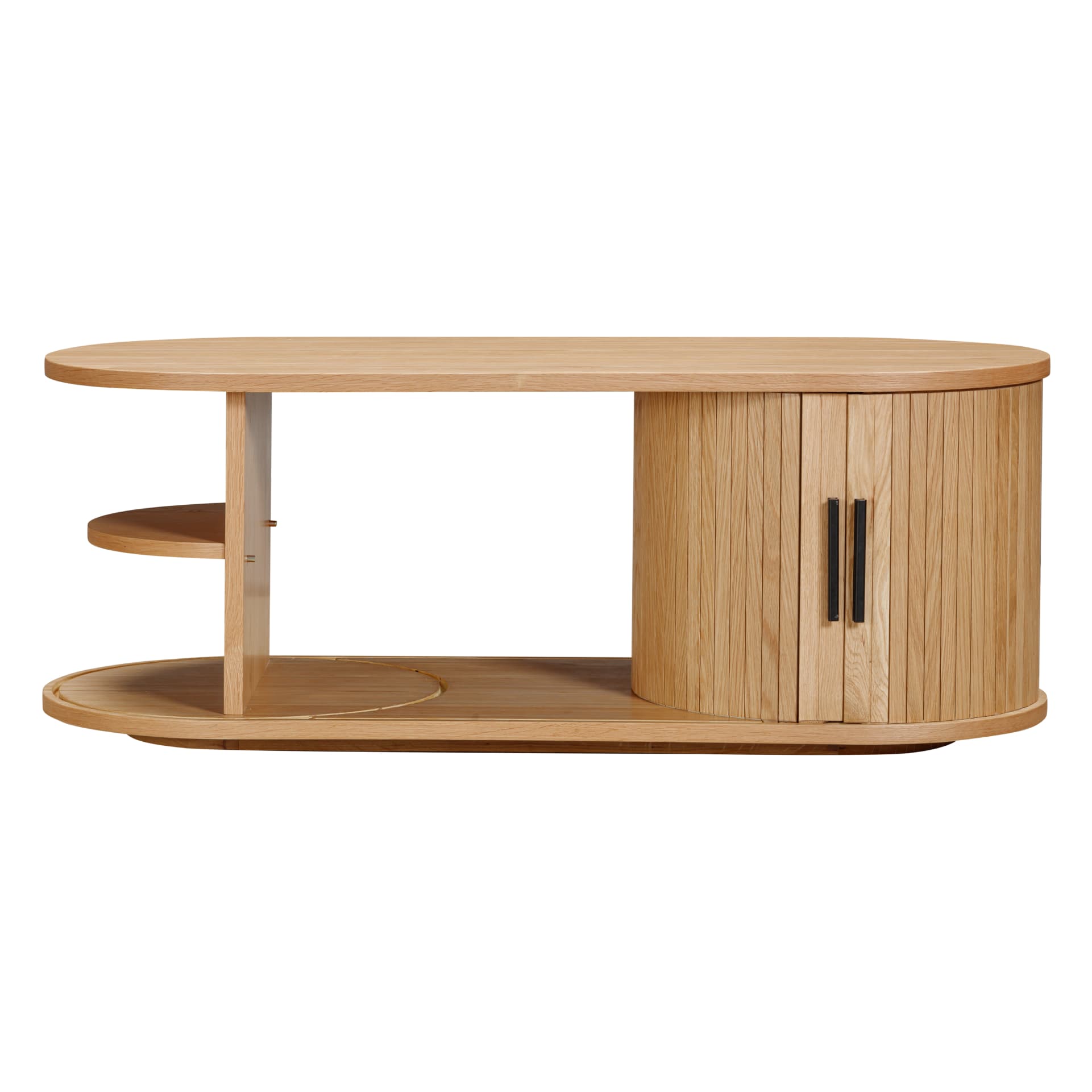 oak oval coffee table with storage is shown on white background with pedestal closed storage and open storage shelf combination