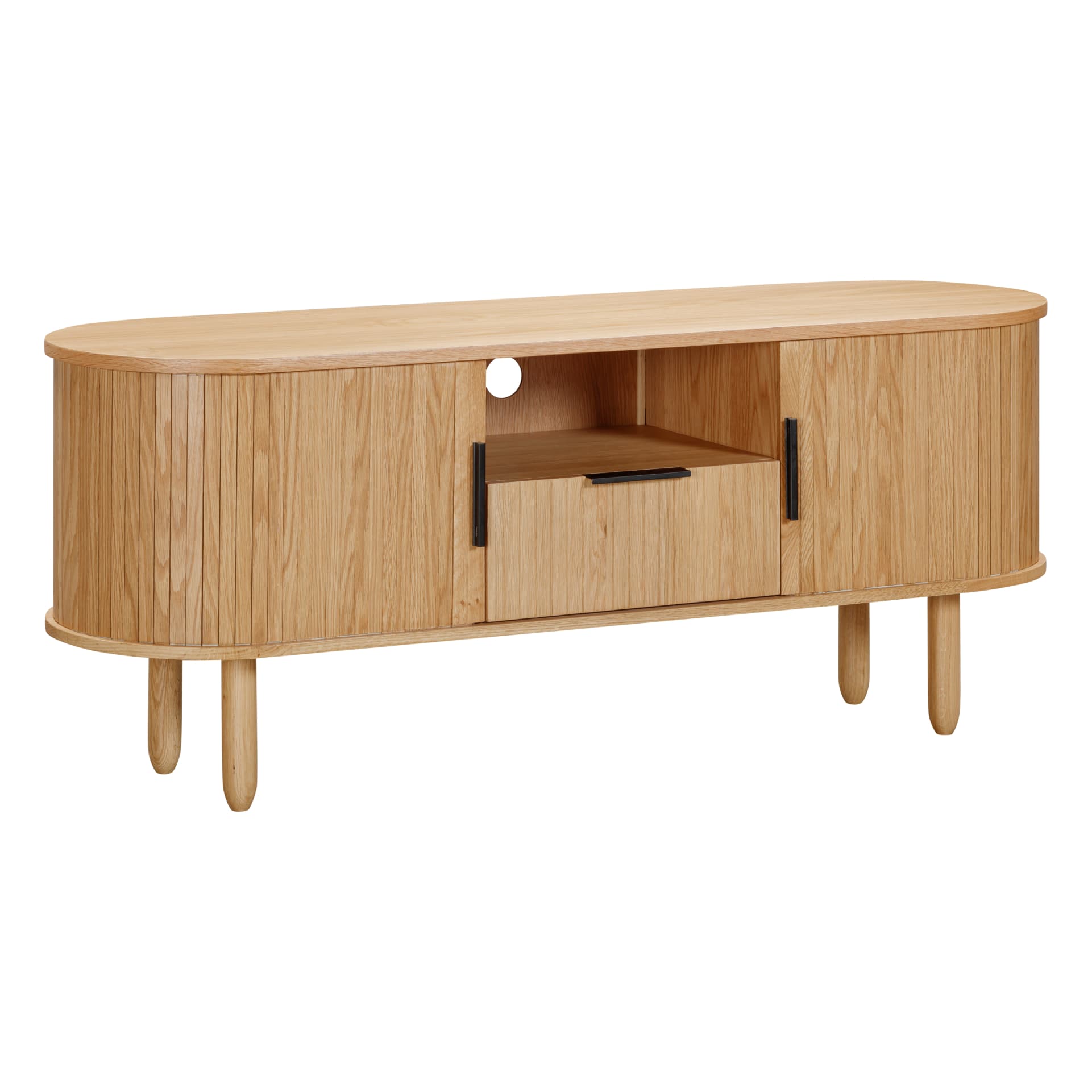 angle view on an oval wooden tv unit with storage and sliding doors