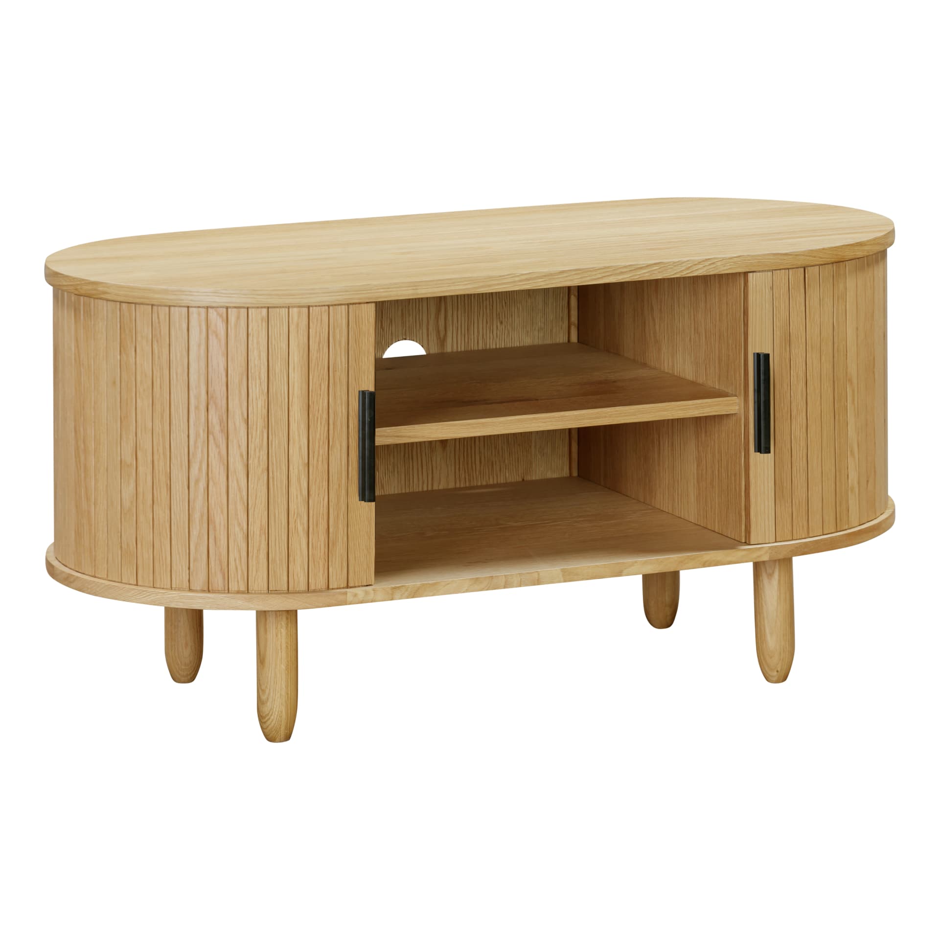 oval wooden tv unit is shown on white background at an angle